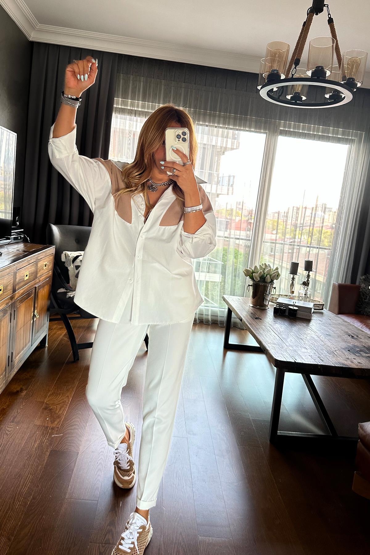 Ribanalı Kumaş Garnili Poplin Gömlek Ekru-Bej