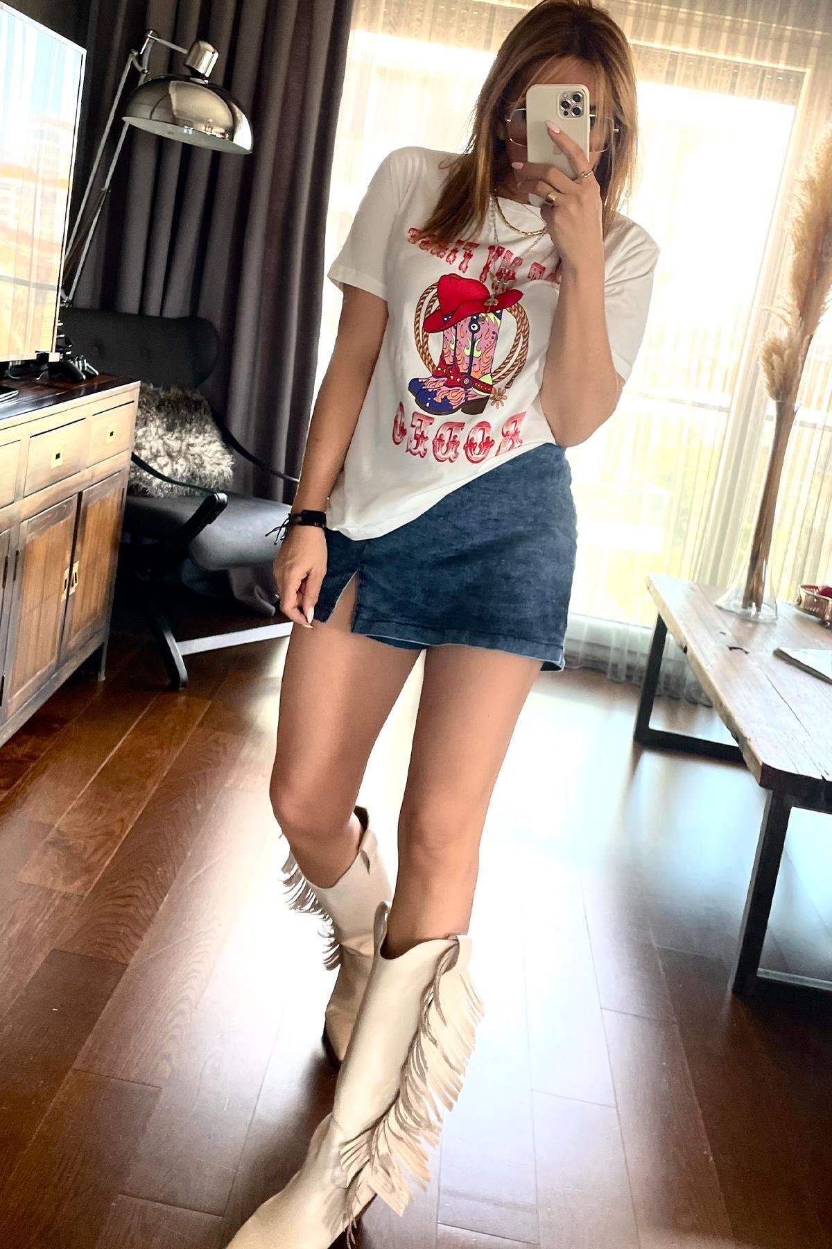 Rodeo Baskılı Tshirt Ekru