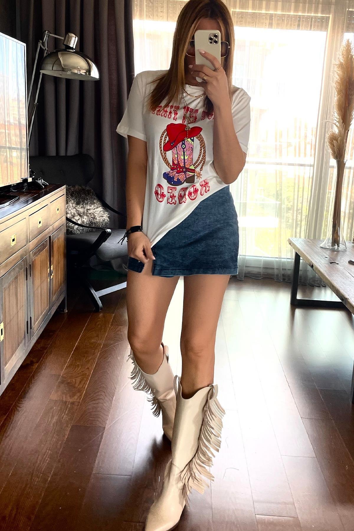 Rodeo Baskılı Tshirt Ekru