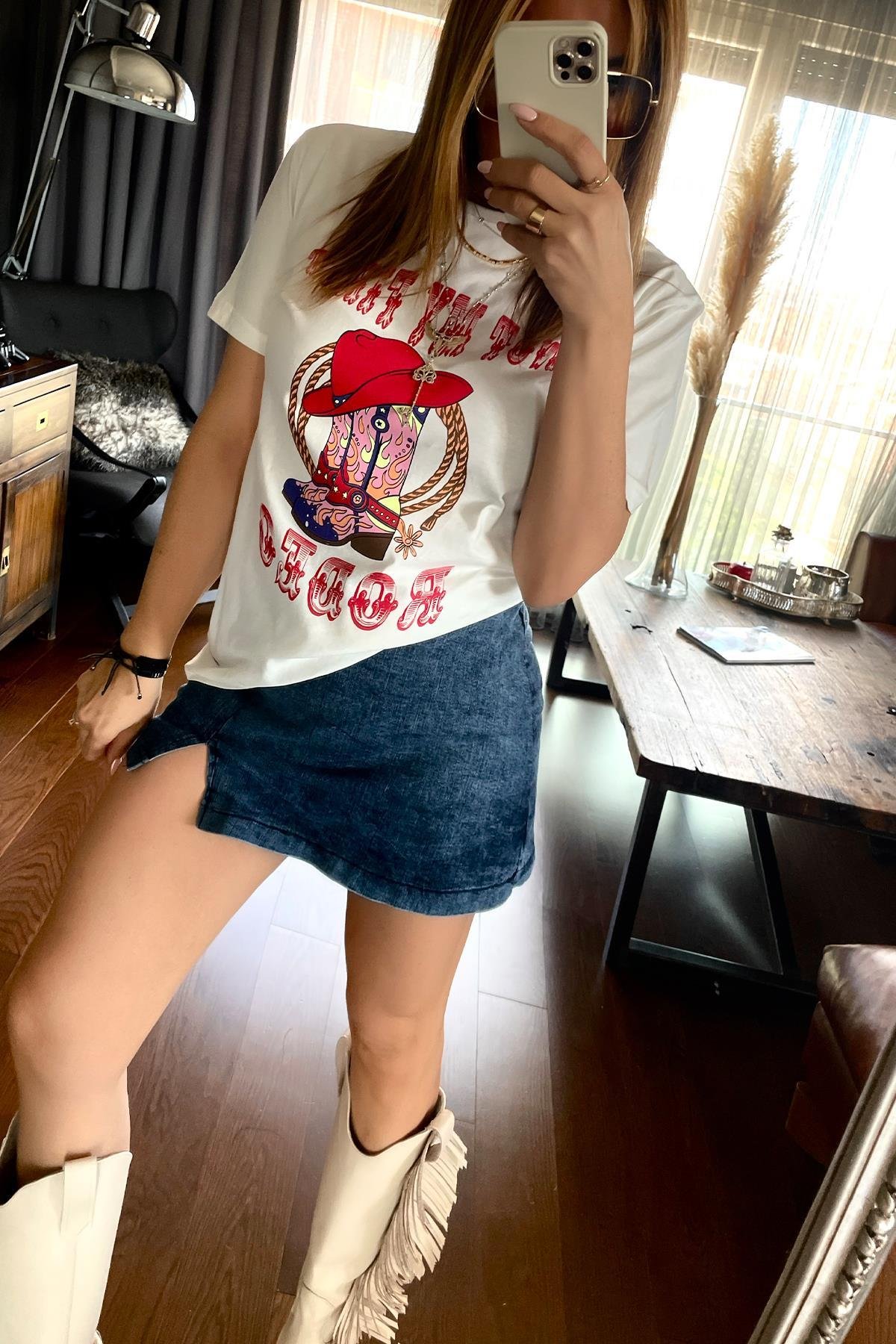 Rodeo Baskılı Tshirt Ekru