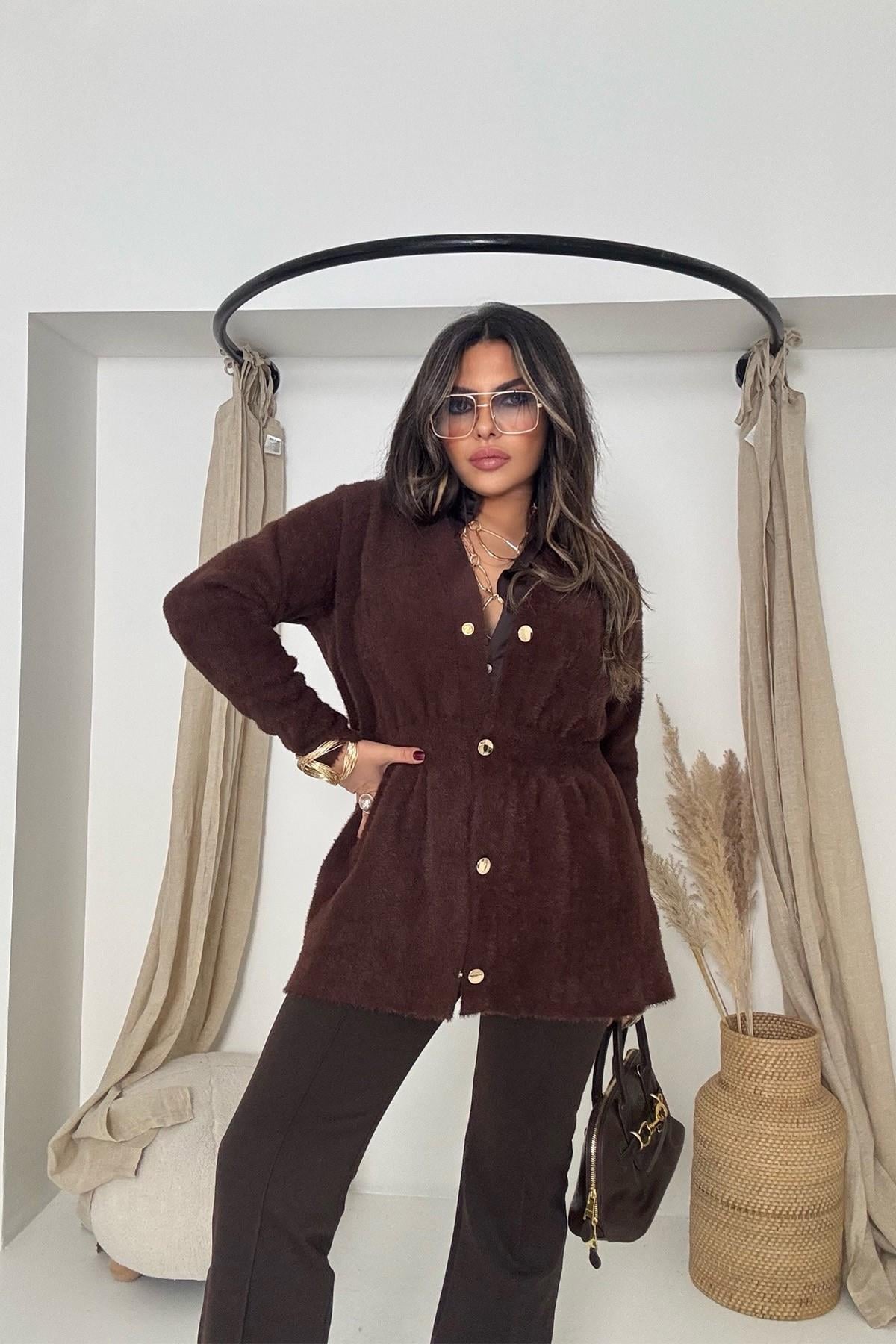 Sakallı Örme Beli Lastikli Hırka Acı Kahve
