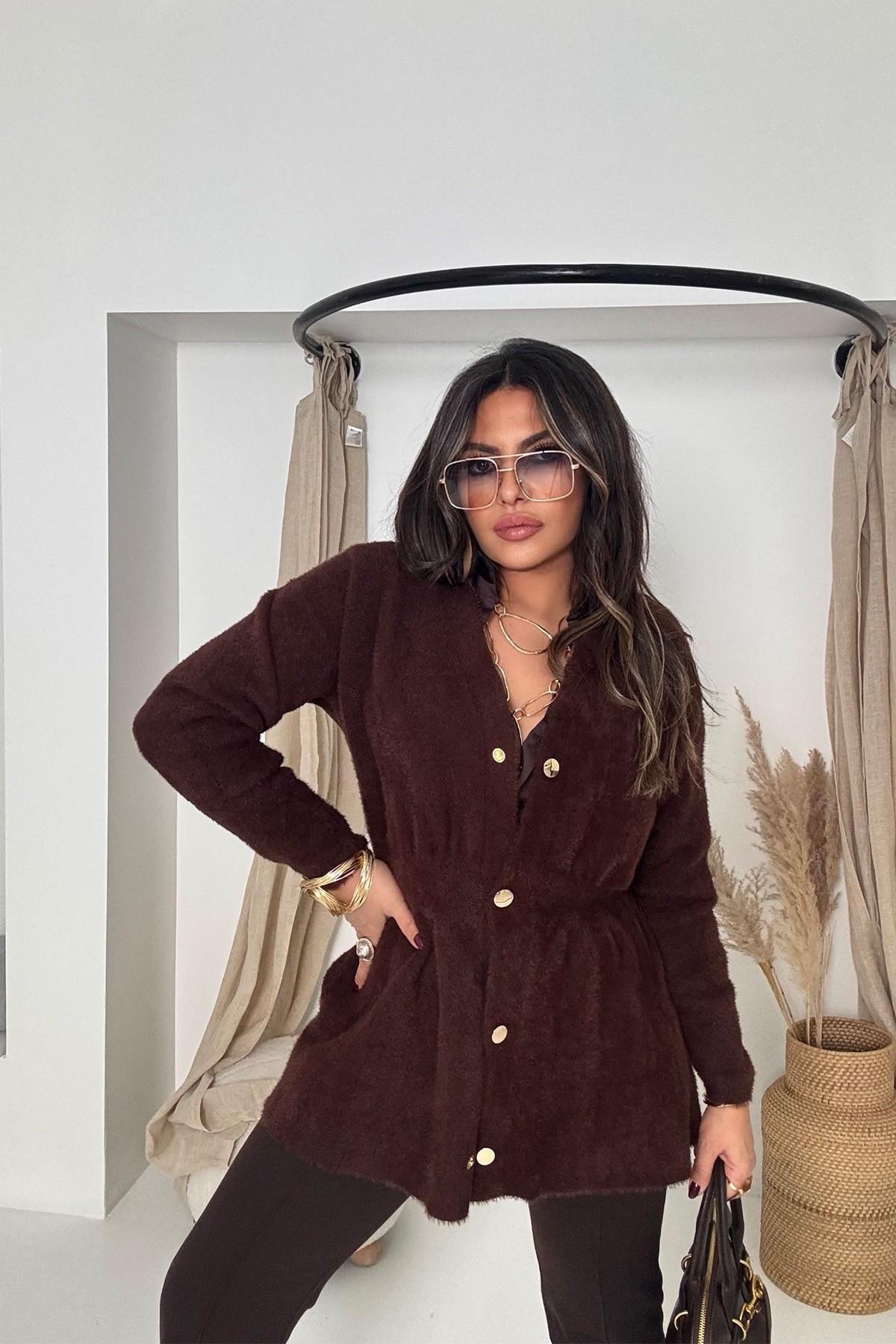 Sakallı Örme Beli Lastikli Hırka Acı Kahve