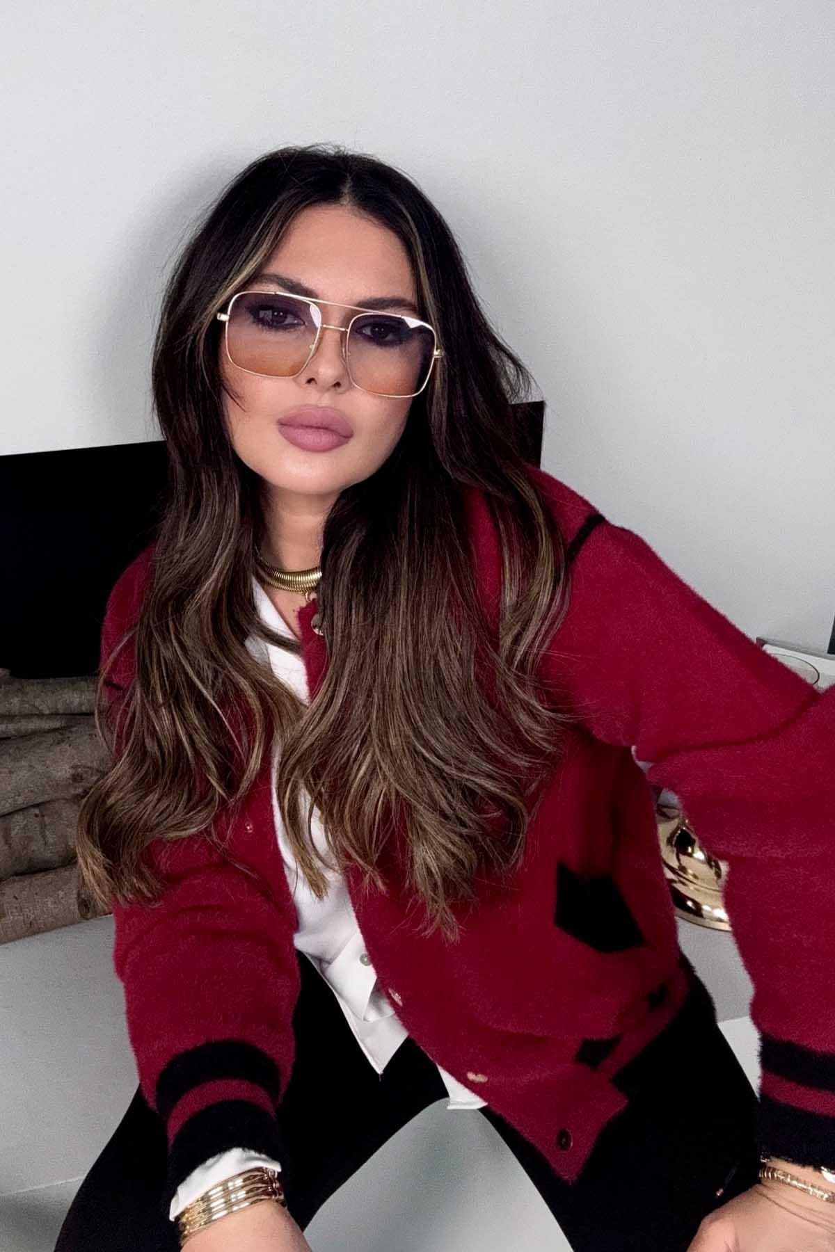Sakallı Örme Bomber Ceket Model Hırka Vişne