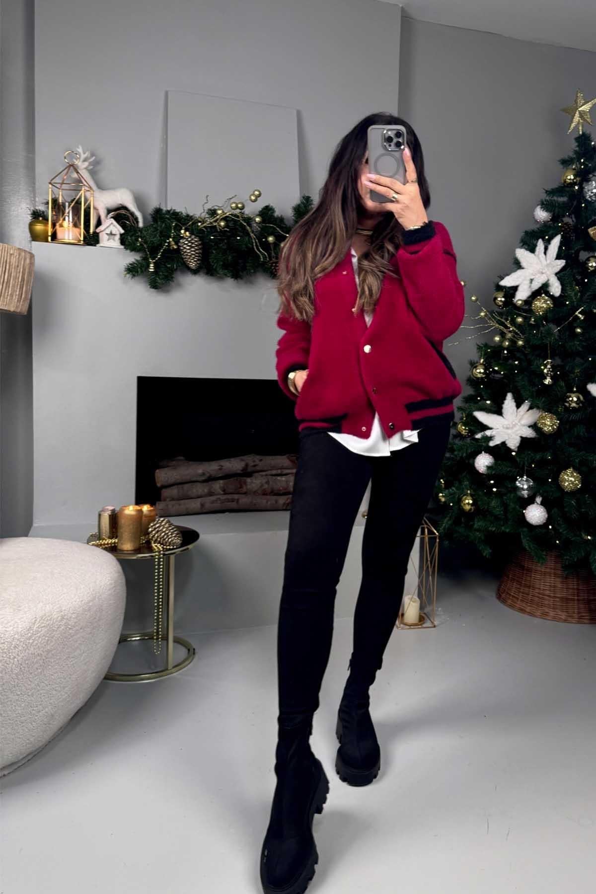Sakallı Örme Bomber Ceket Model Hırka Vişne