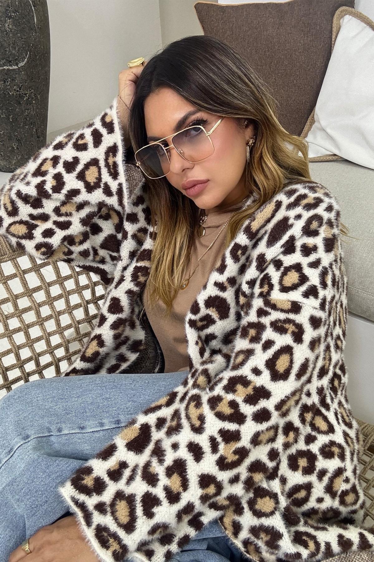 Sakallı Örme Desenli Uzun Hırka Leopar