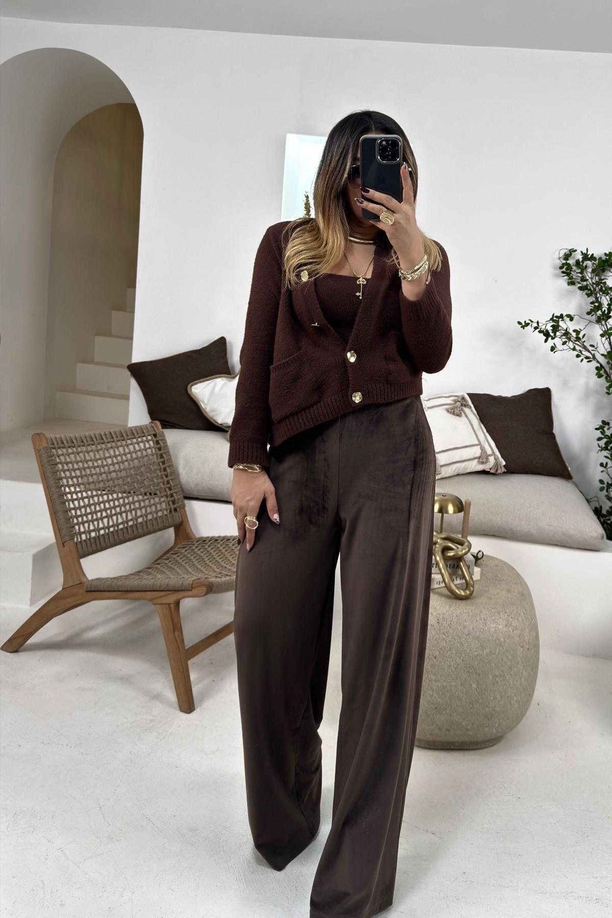 Sakallı Örme Hırka Crop Takım Acı Kahve