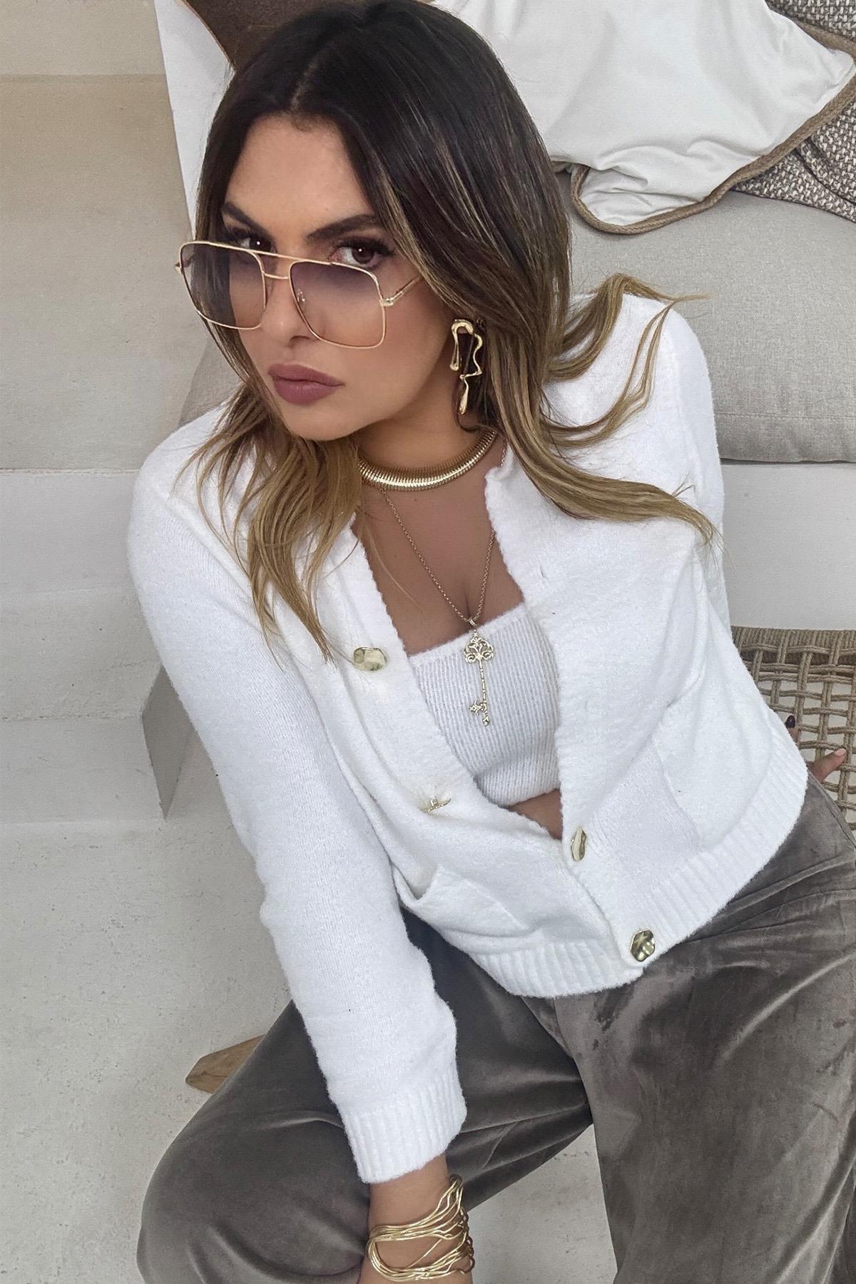 Sakallı Örme Hırka Crop Takım Ekru