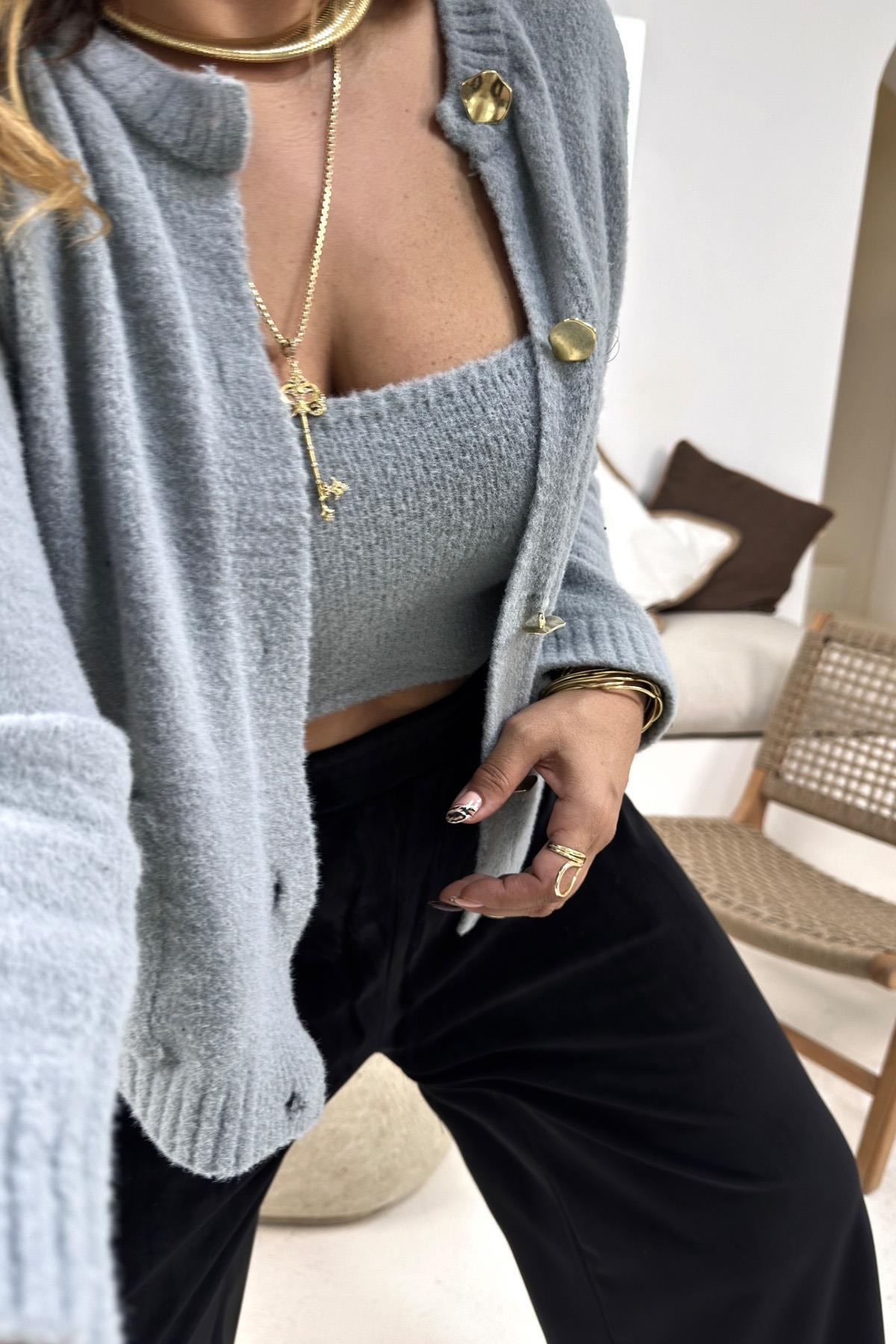 Sakallı Örme Hırka Crop Takım Gri
