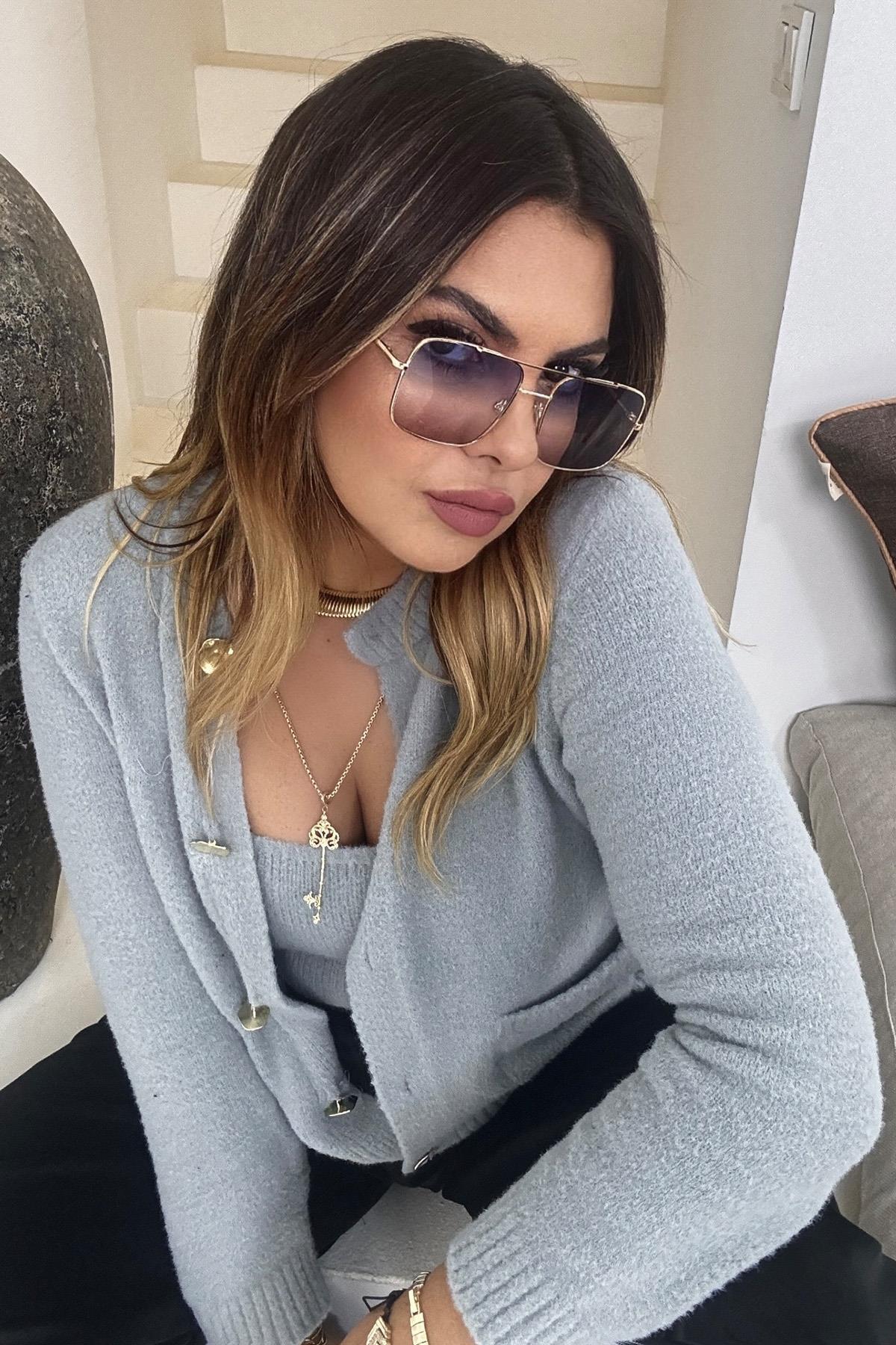 Sakallı Örme Hırka Crop Takım Gri
