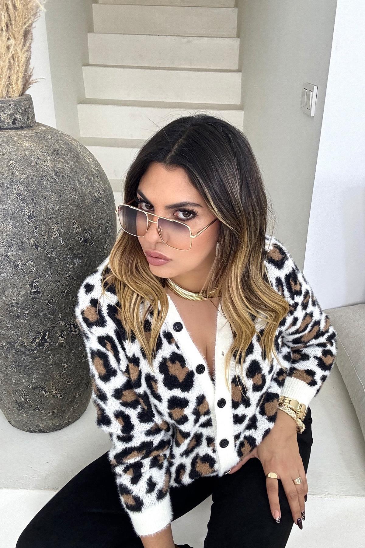 Sakallı Örme Leopar Hırka Ekru