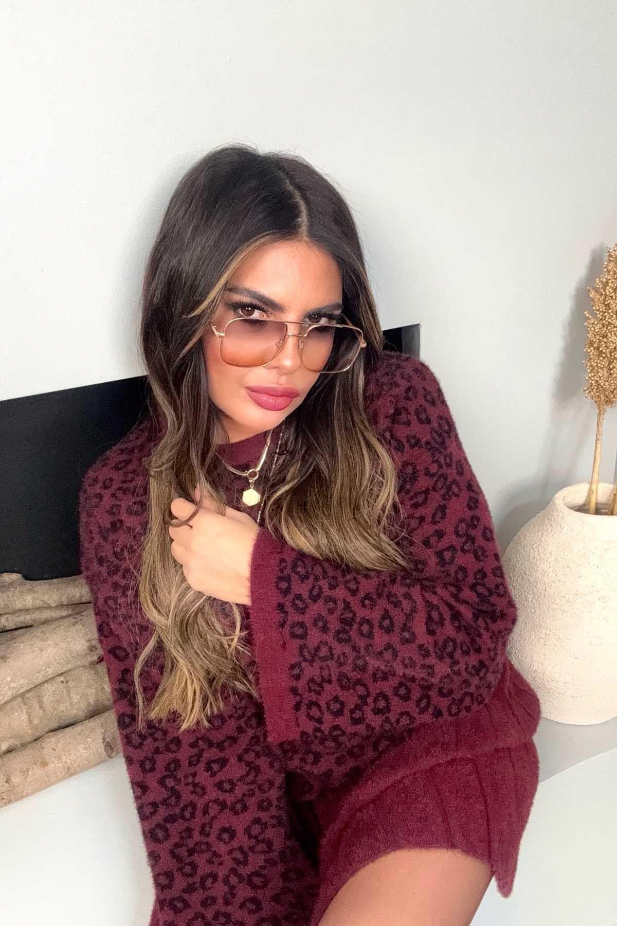 Sakallı Örme Leopar Triko Etekli Takım Bordo-Siyah