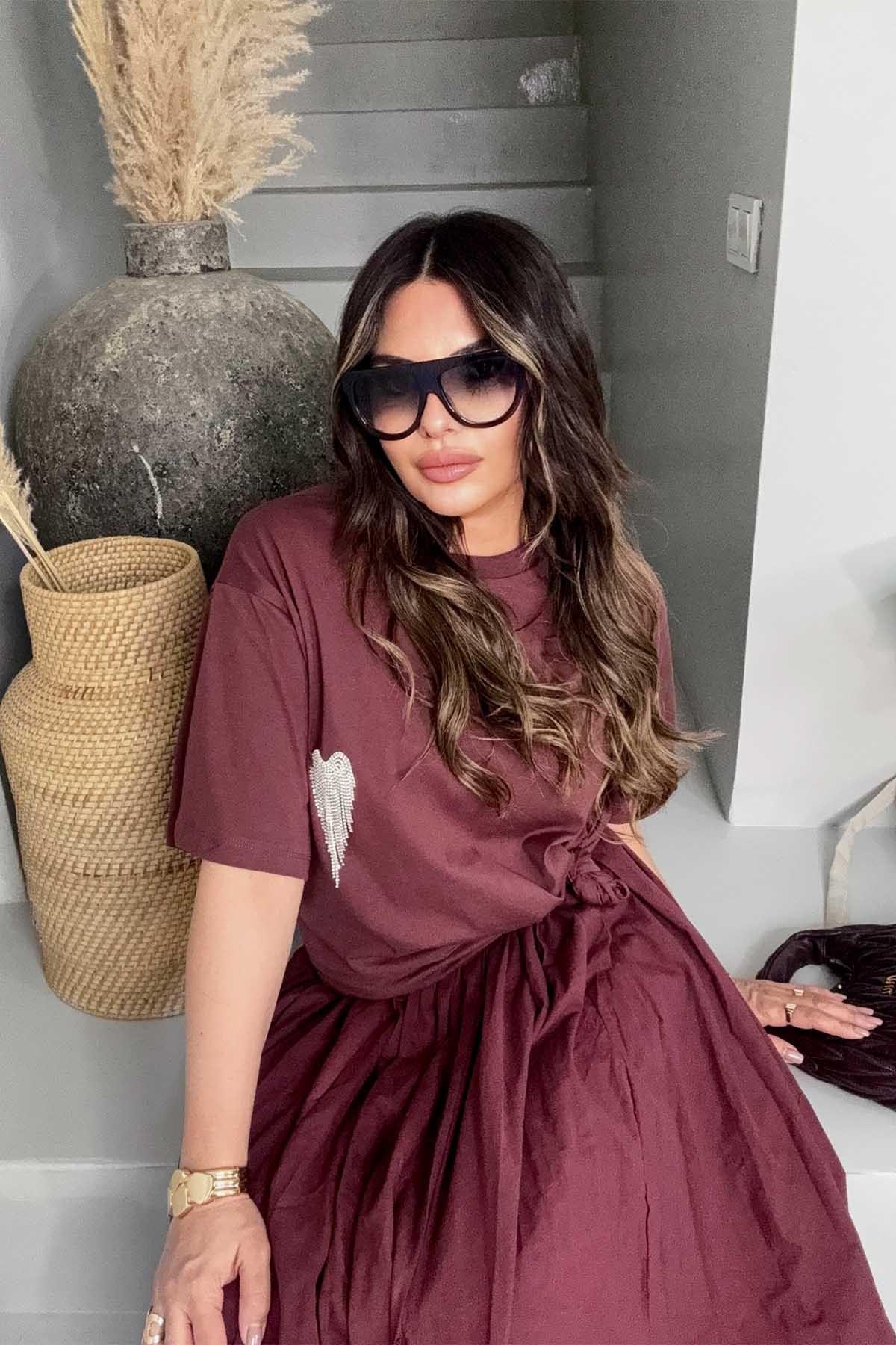 Sallantılı Taşlı Kalp Detay Tshirt Bordo