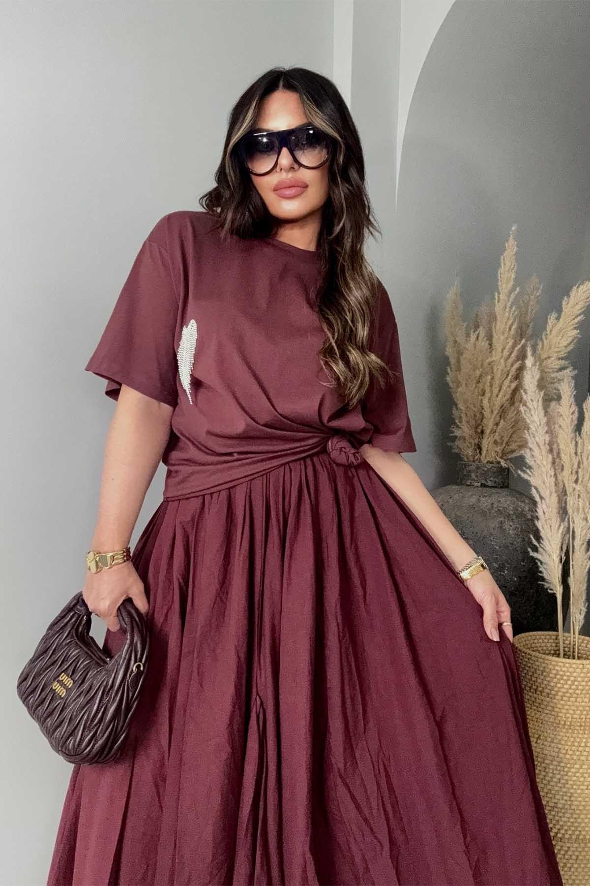 Sallantılı Taşlı Kalp Detay Tshirt Bordo
