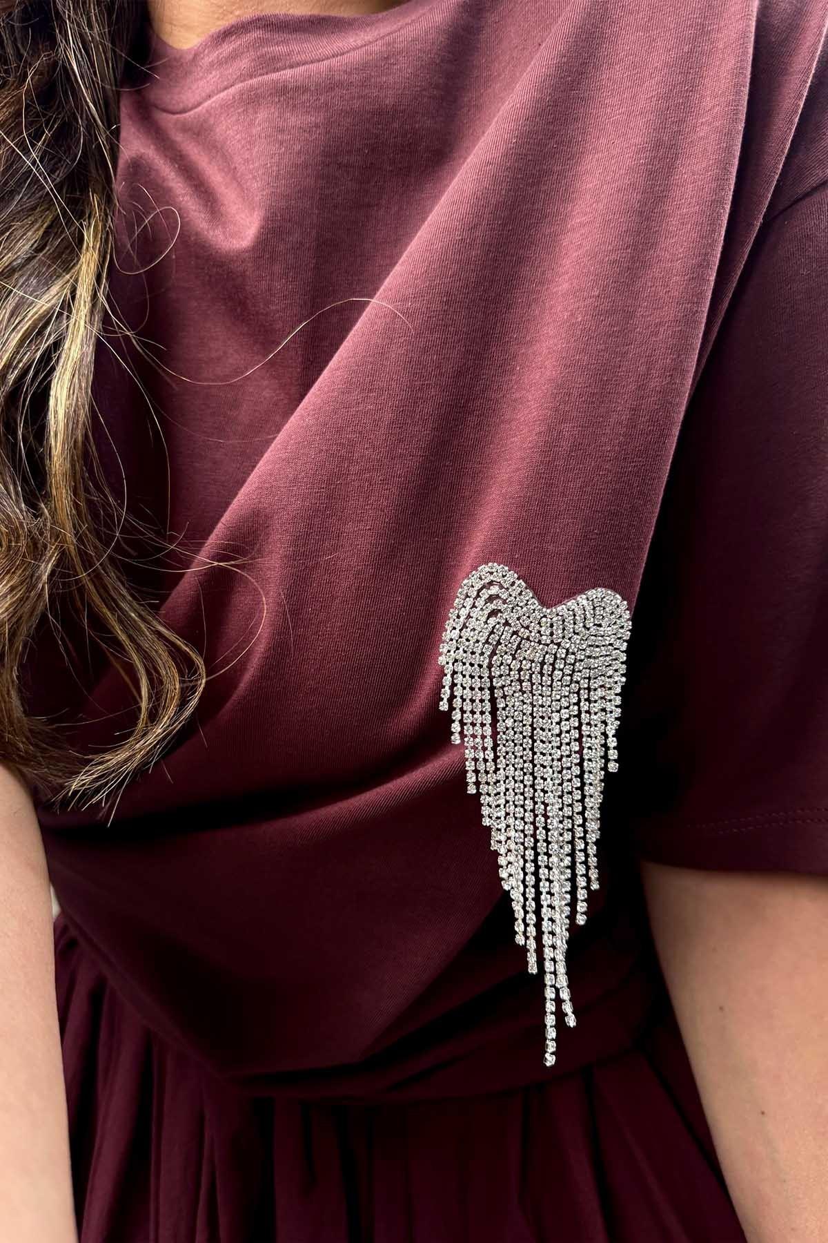 Sallantılı Taşlı Kalp Detay Tshirt Bordo