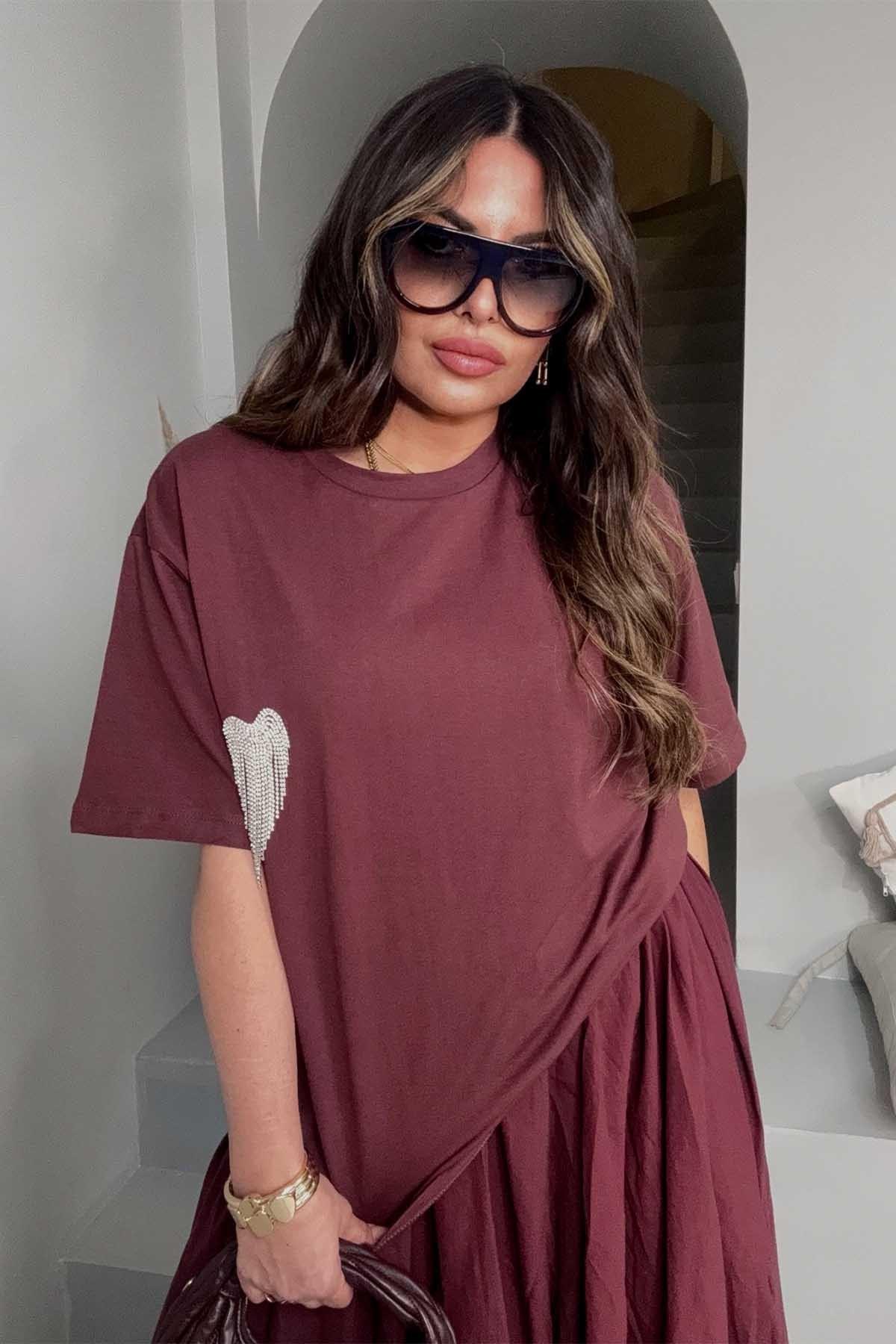 Sallantılı Taşlı Kalp Detay Tshirt Bordo