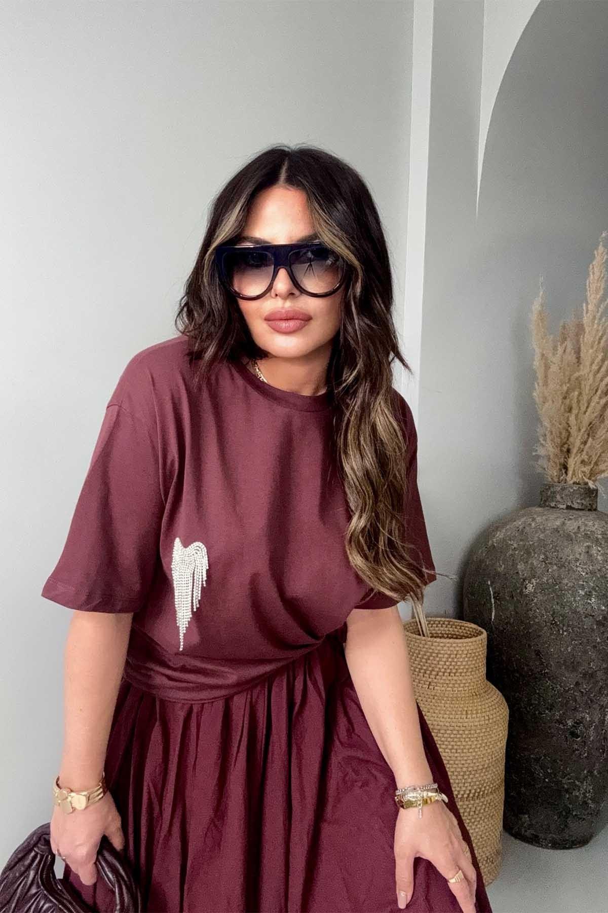 Sallantılı Taşlı Kalp Detay Tshirt Bordo