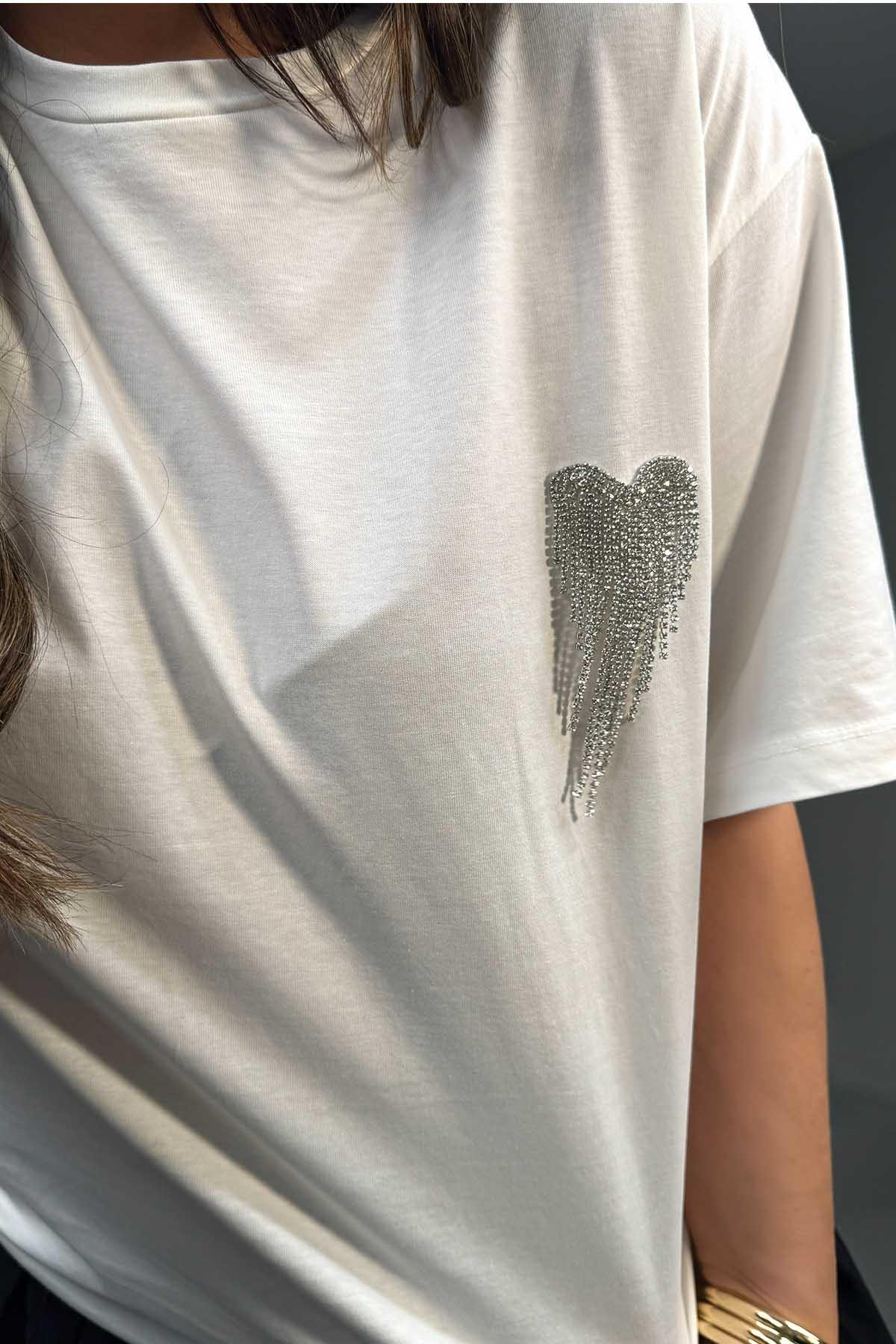 Sallantılı Taşlı Kalp Detay Tshirt Ekru