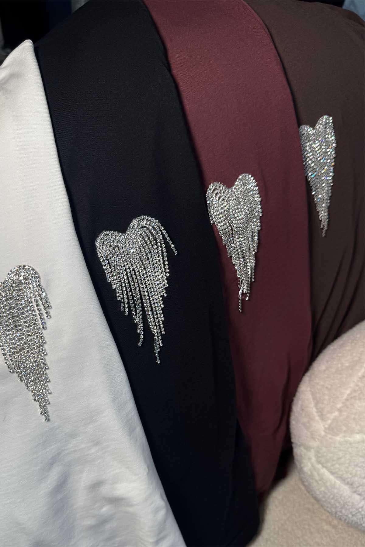 Sallantılı Taşlı Kalp Detay Tshirt Ekru