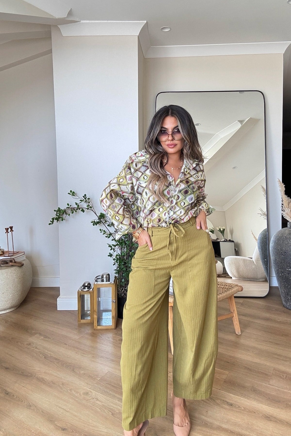 Şalvar Model Balıksırtı Dokuma Kanvas Pantalon Yağ Yeşili