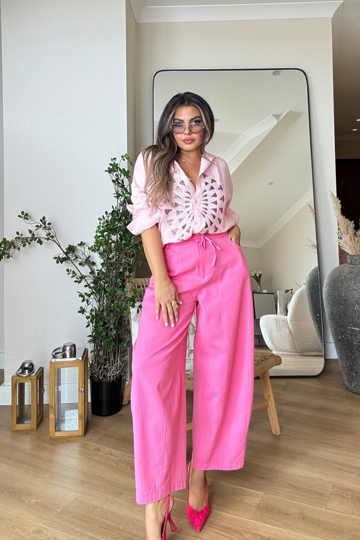 Şalvar Model Balıksırtı Dokuma Kanvas Pantalon Pembe