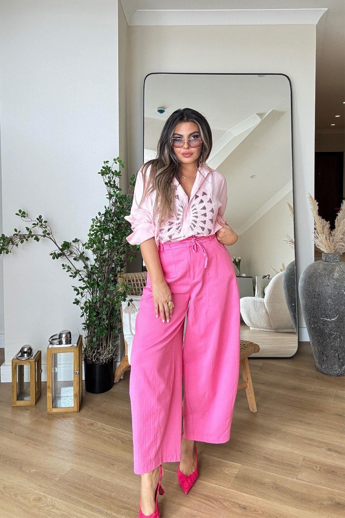 Şalvar Model Balıksırtı Dokuma Kanvas Pantalon Pembe