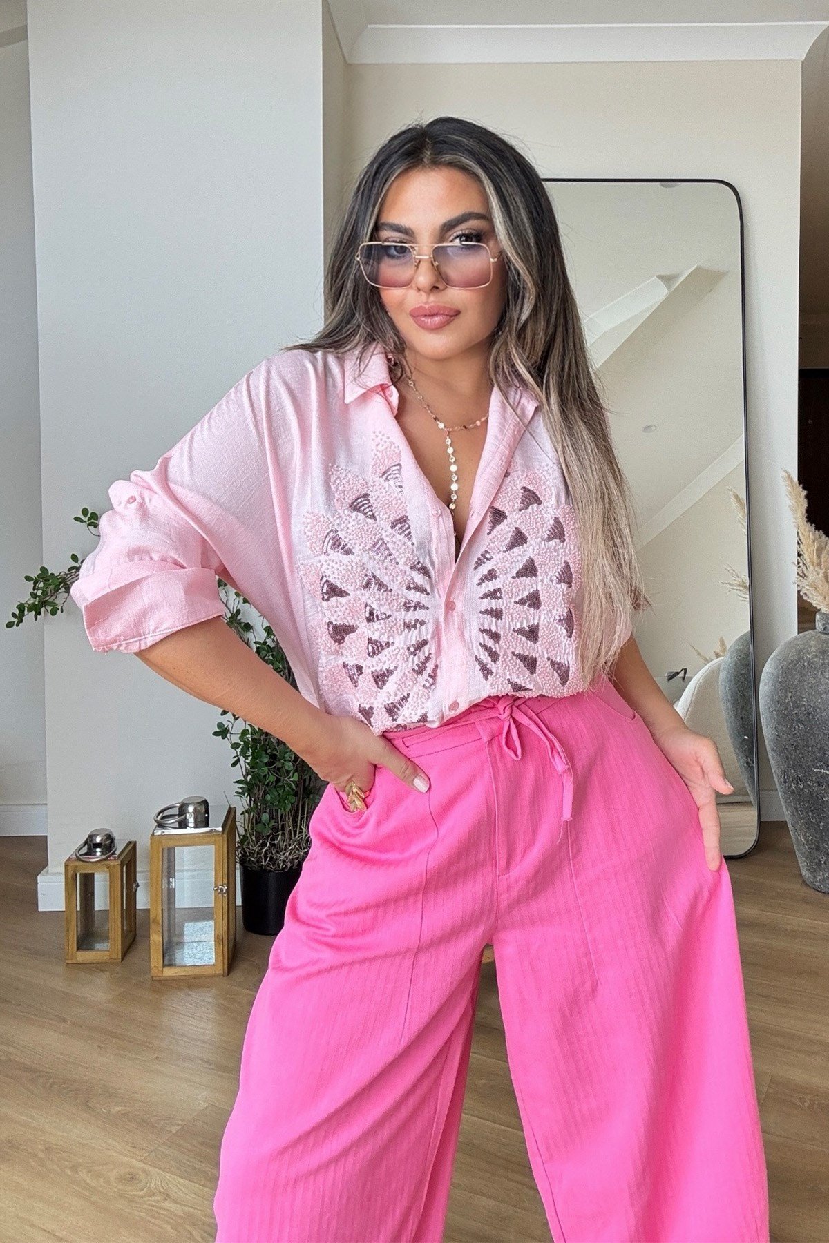 Şalvar Model Balıksırtı Dokuma Kanvas Pantalon Pembe