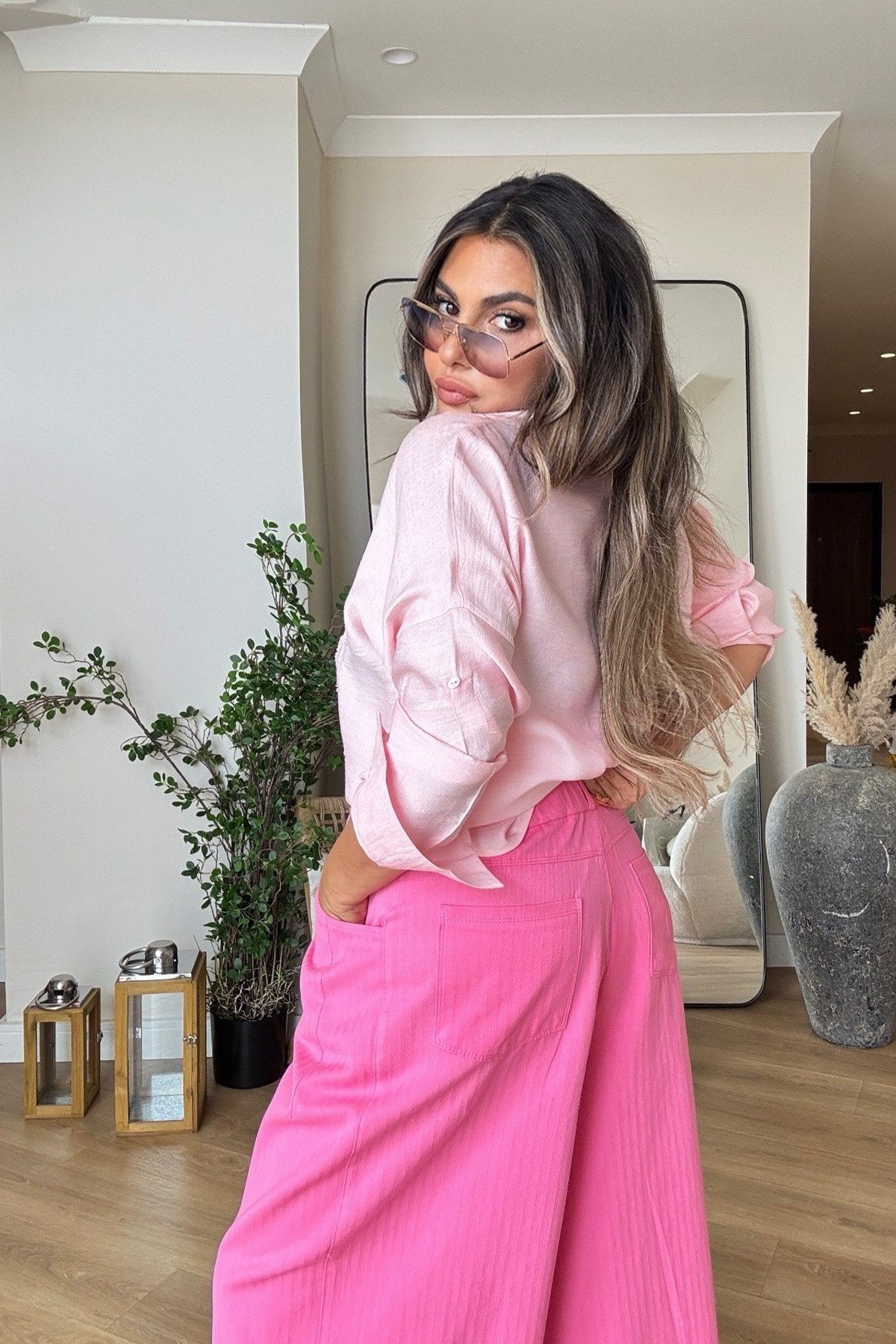 Şalvar Model Balıksırtı Dokuma Kanvas Pantalon Pembe