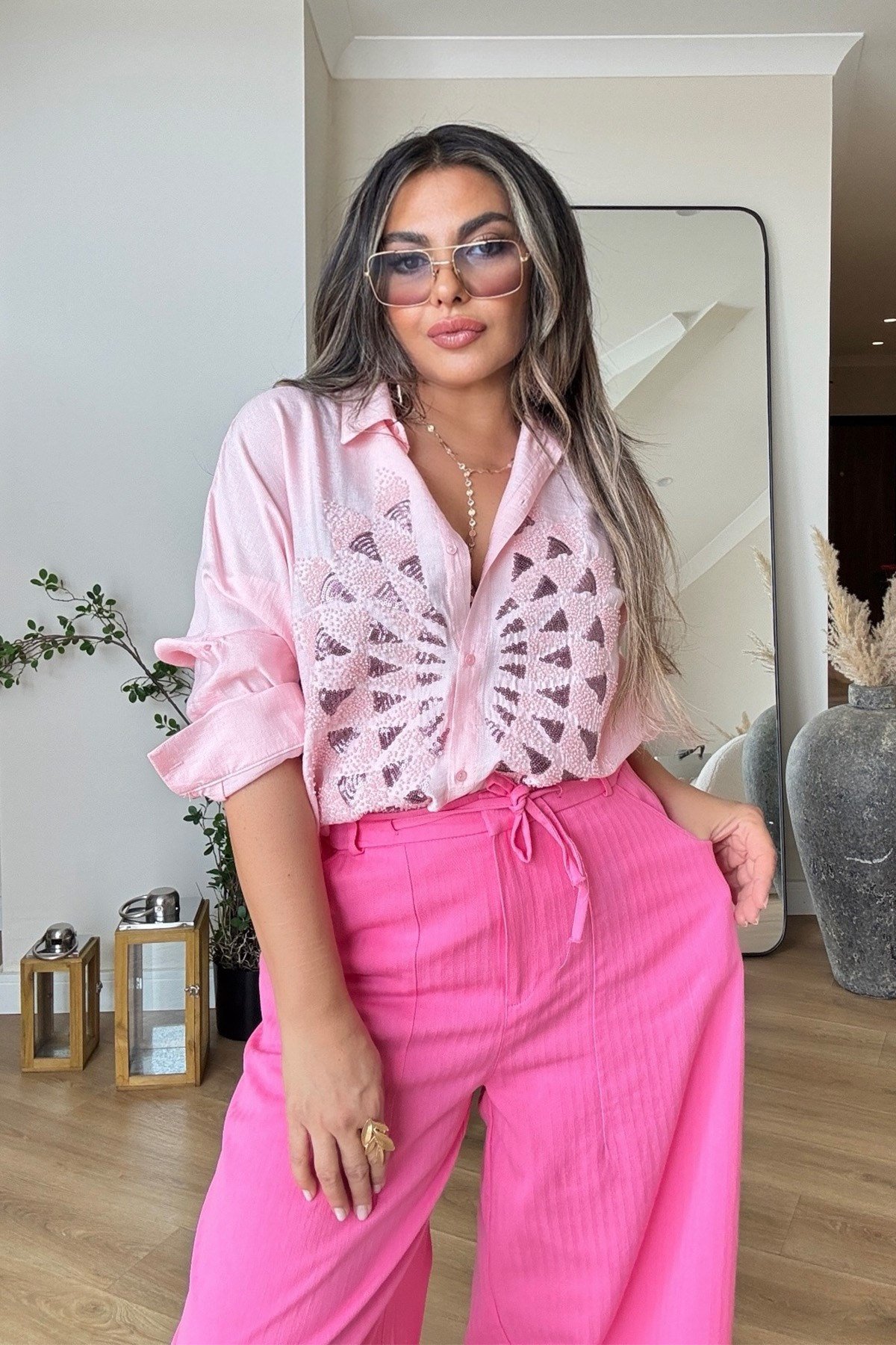 Şalvar Model Balıksırtı Dokuma Kanvas Pantalon Pembe