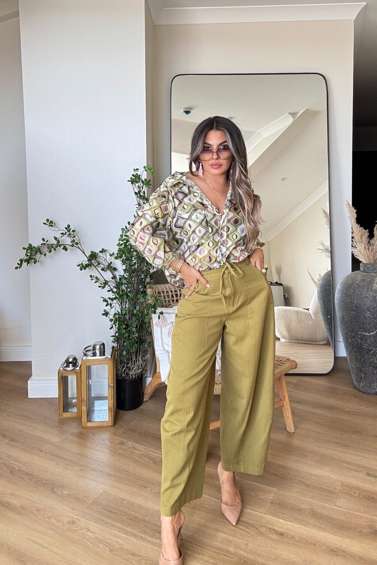 Şalvar Model Balıksırtı Dokuma Kanvas Pantalon Yağ Yeşili