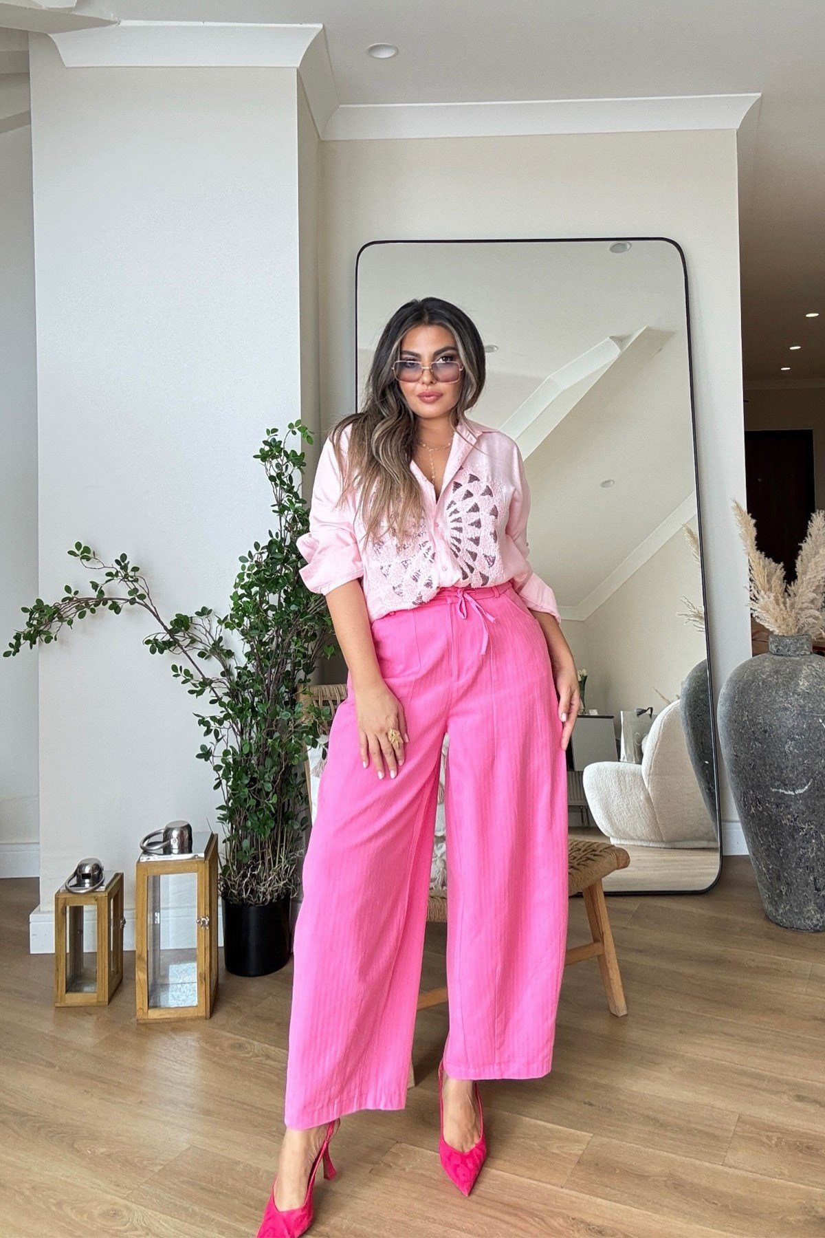Şalvar Model Balıksırtı Dokuma Kanvas Pantalon Pembe
