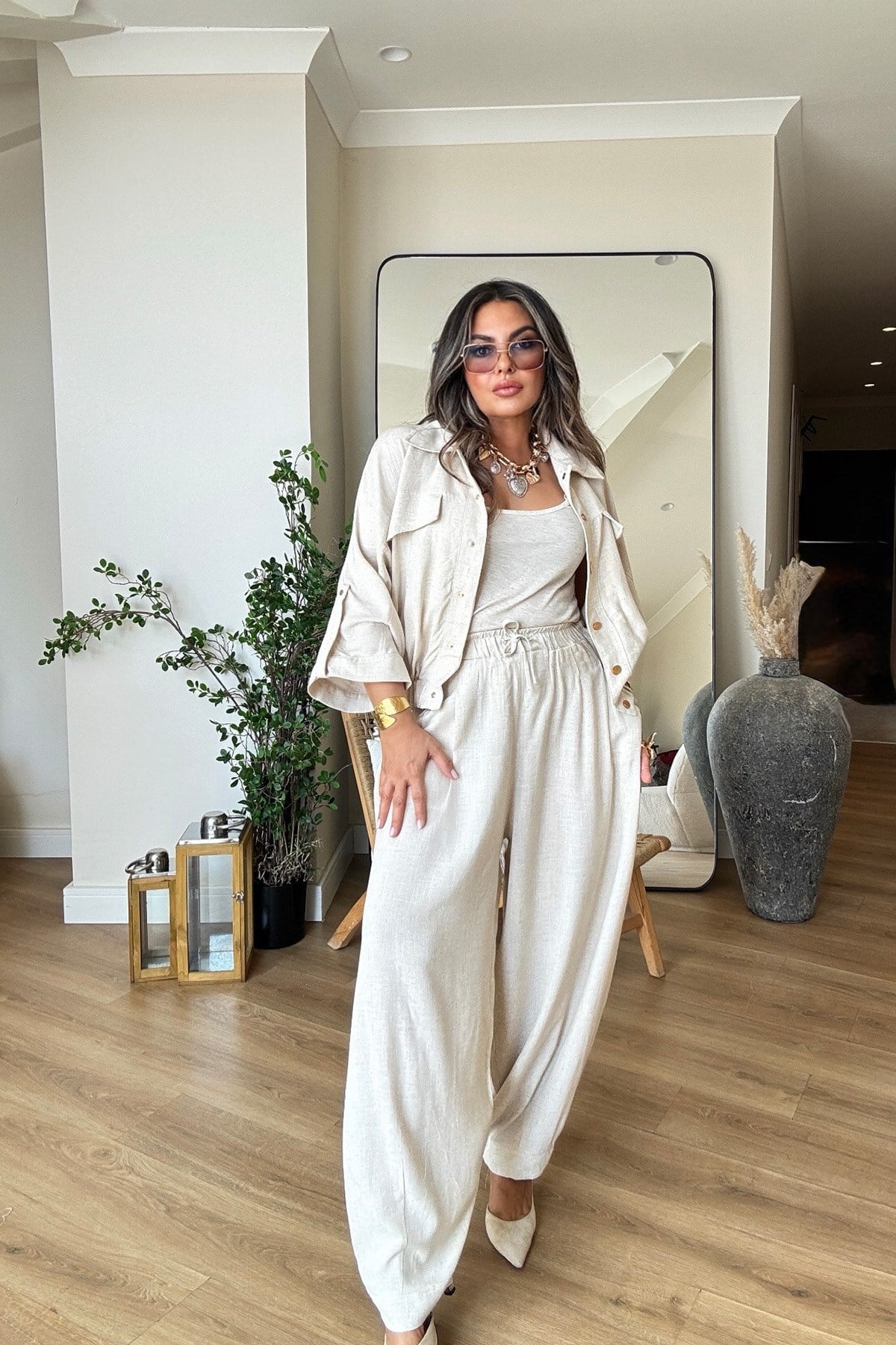 Şalvar Model Pamuk Keten Pantalon Taş