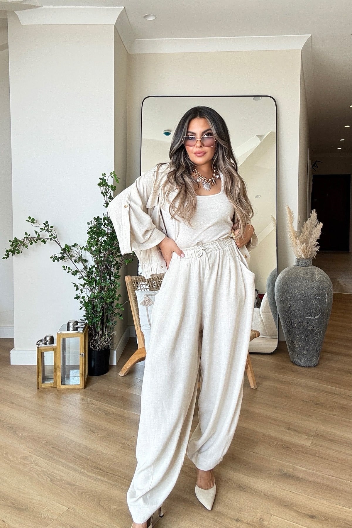 Şalvar Model Pamuk Keten Pantalon Taş