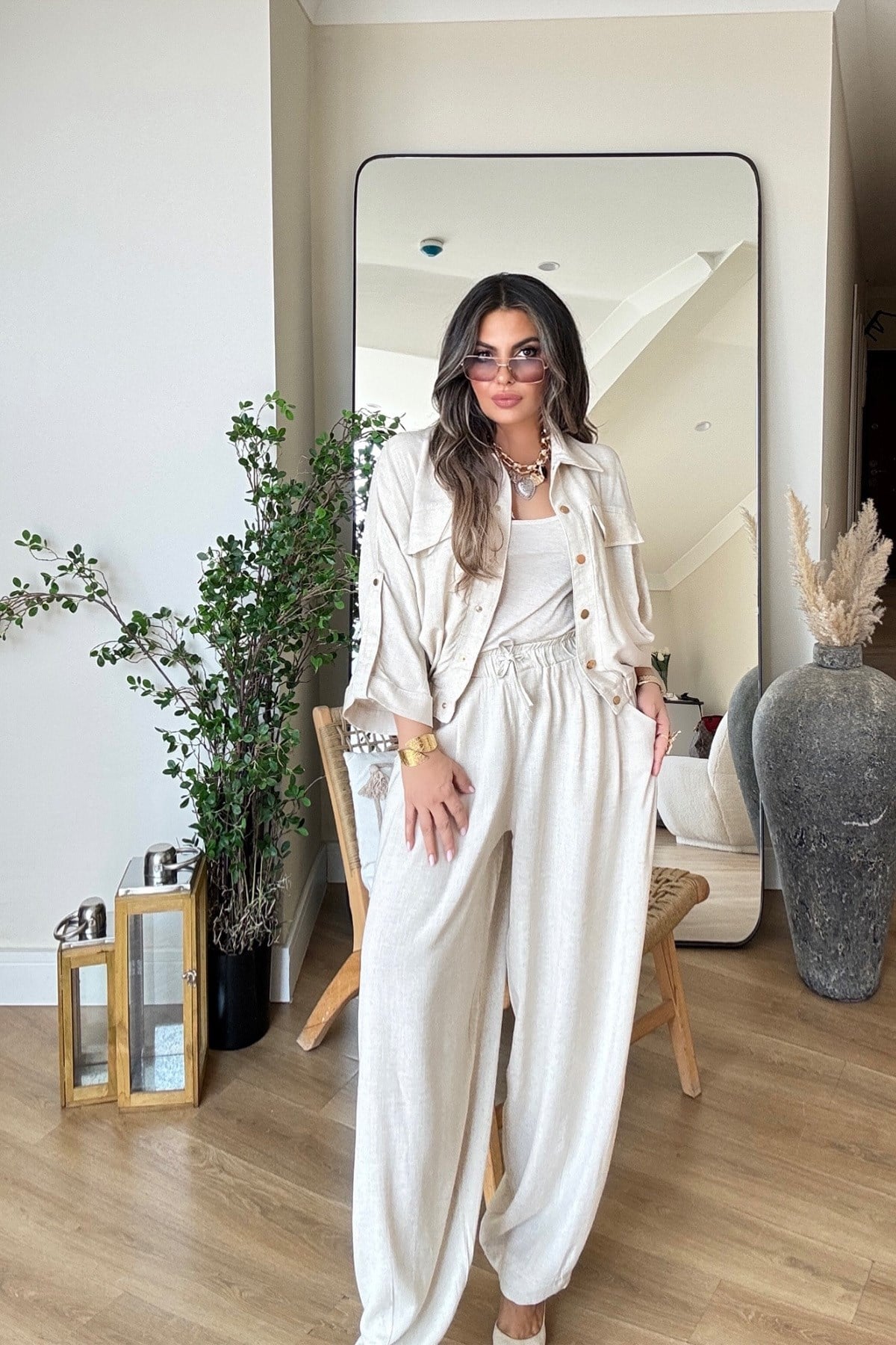 Şalvar Model Pamuk Keten Pantalon Taş