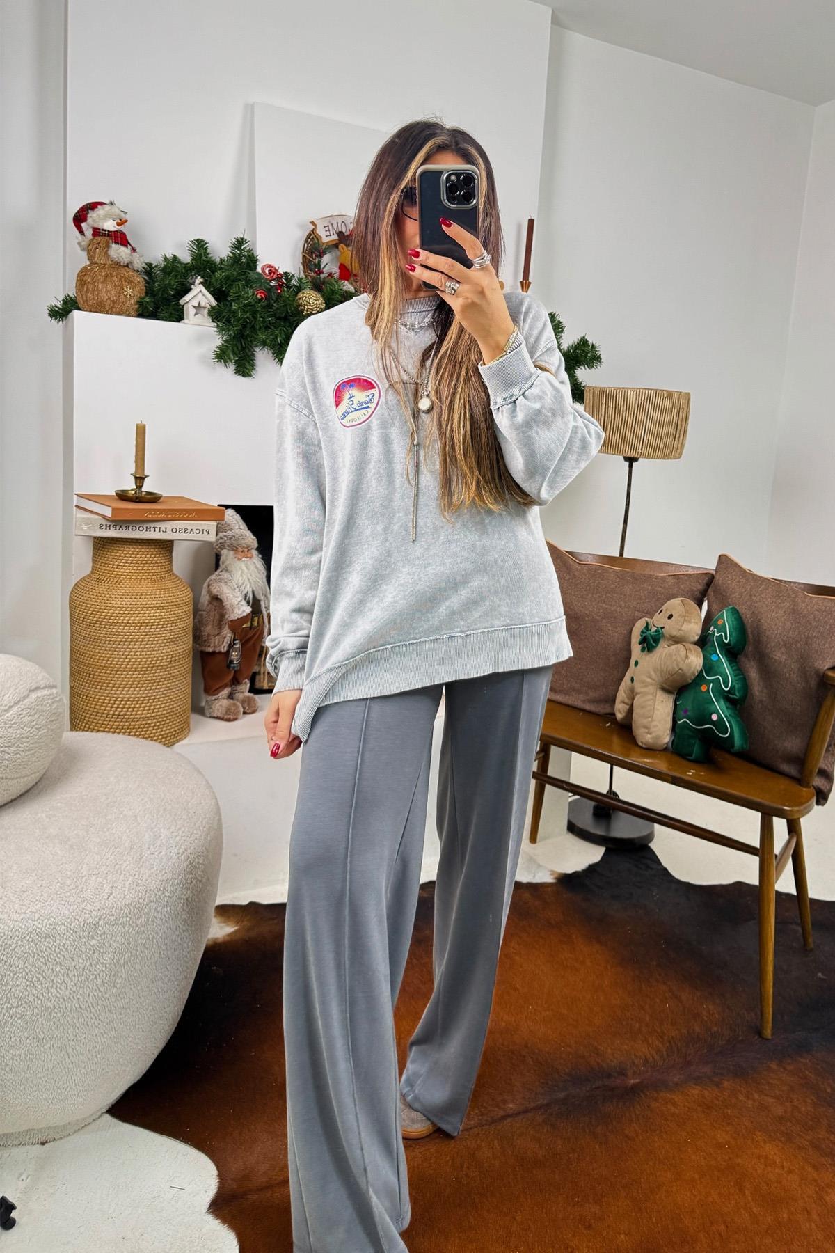 Santa Monica Sırt Baskılı Sweatshirt Gri