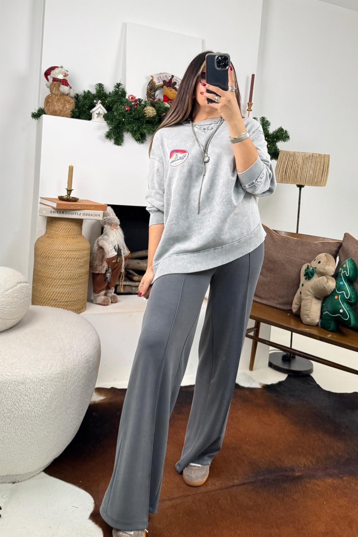 Santa Monica Sırt Baskılı Sweatshirt Gri