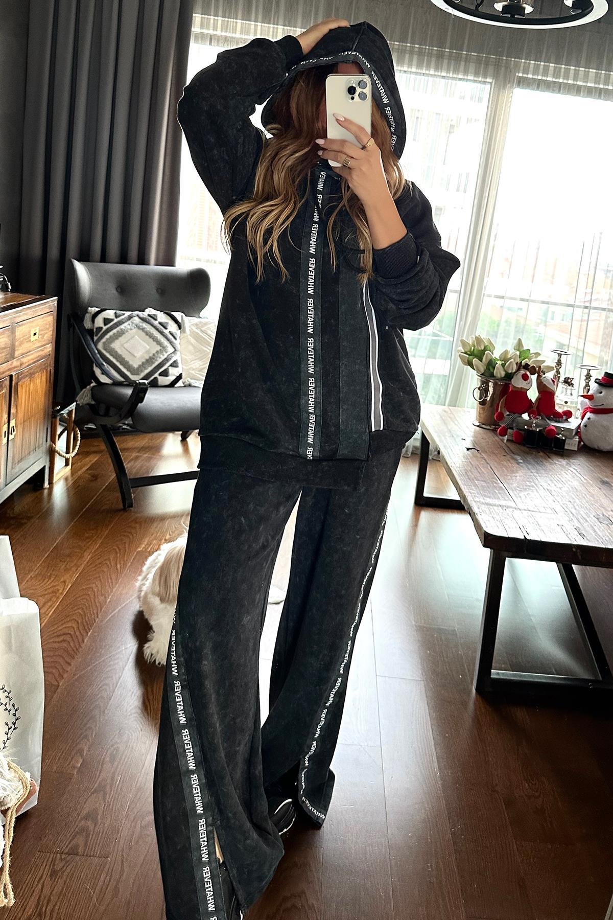 Şerit Detaylı Yıkamalı Whatever Sweatshirt Antrasit