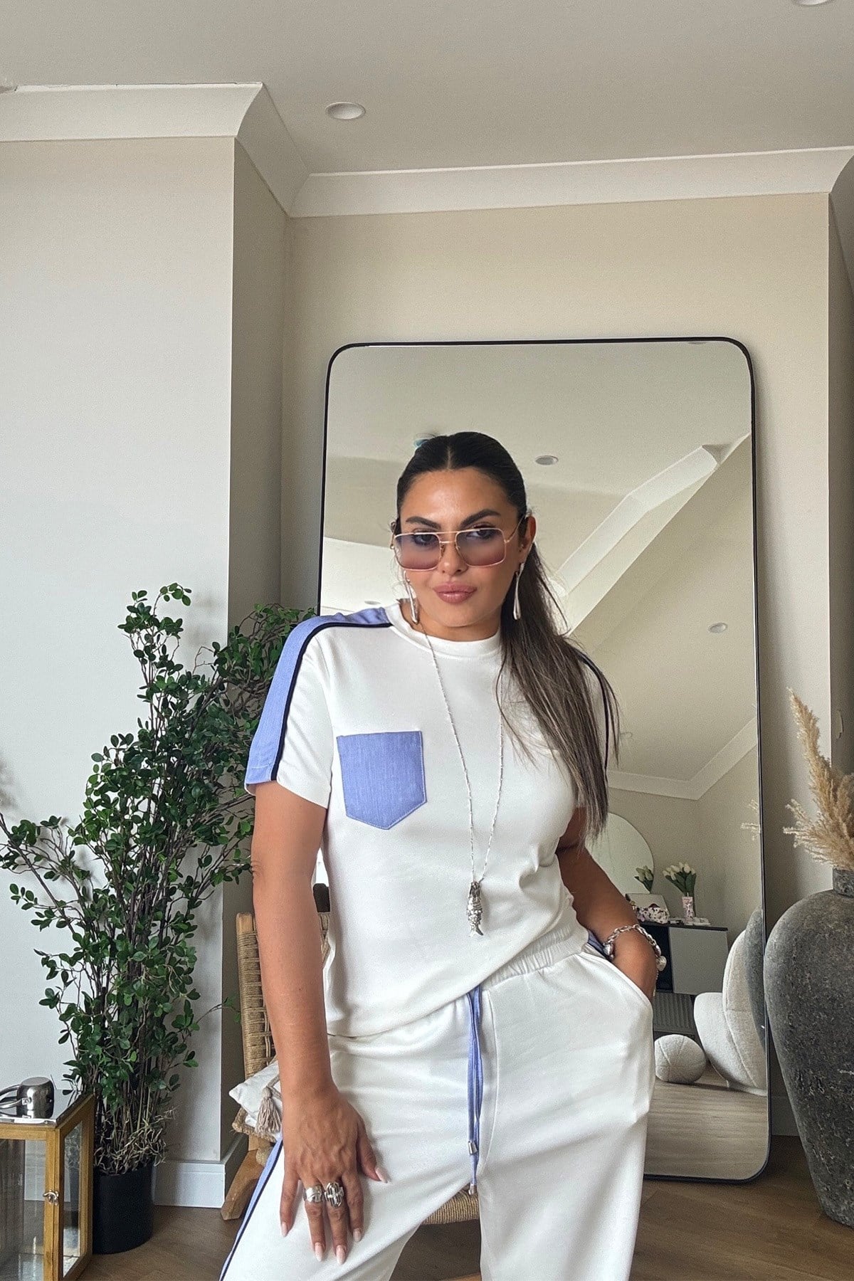 Şerit Garnili Modal Kumaş Takım Ekru