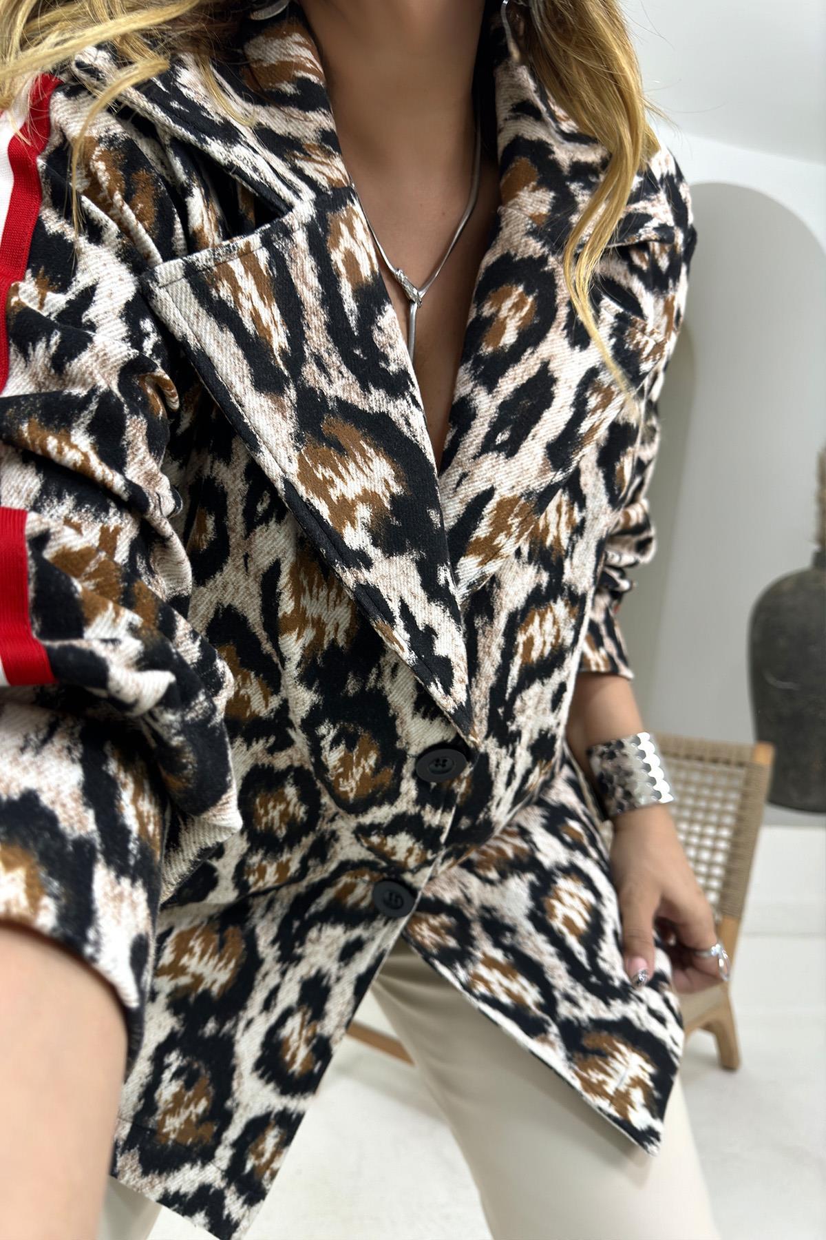 Şeritli Kol Detay Blazer Ceket Leopar