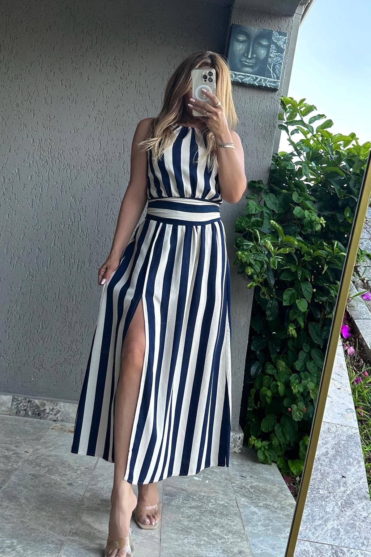 Şeritli Reglan Askılı Elbise Lacivert