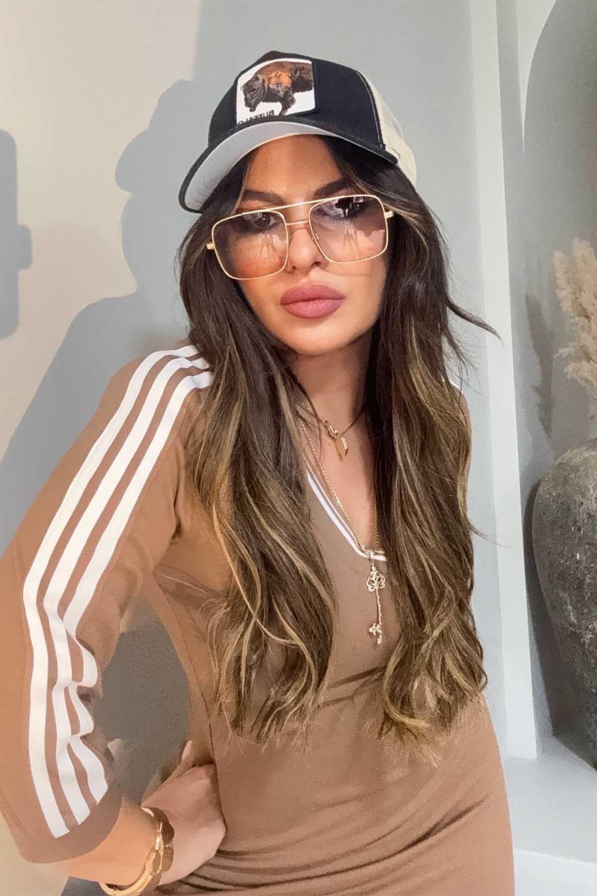 Şeritli V Yaka Sweat Elbise Bej