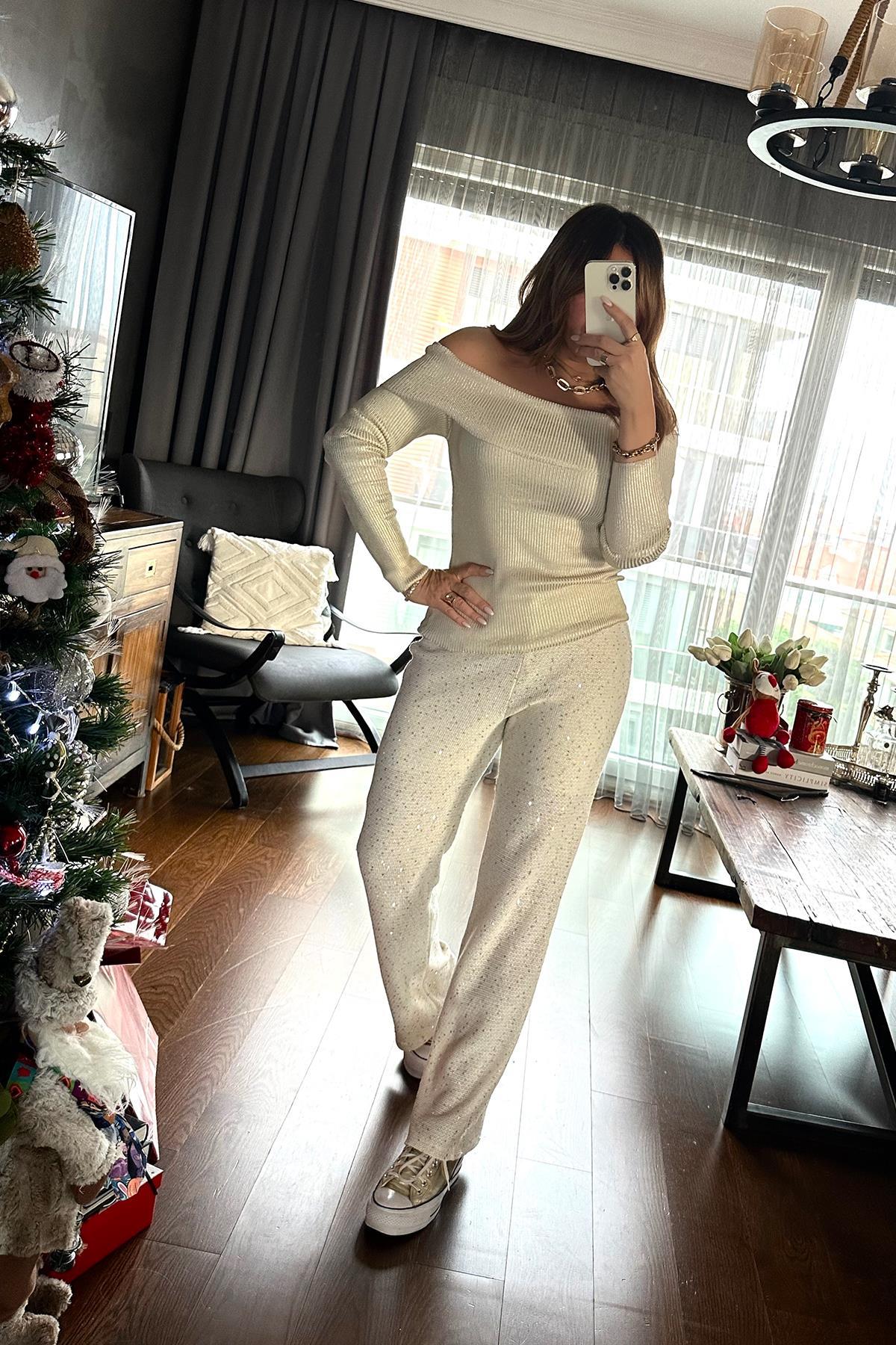 Serpme Payet İşlemeli Örme Pantolon Krem