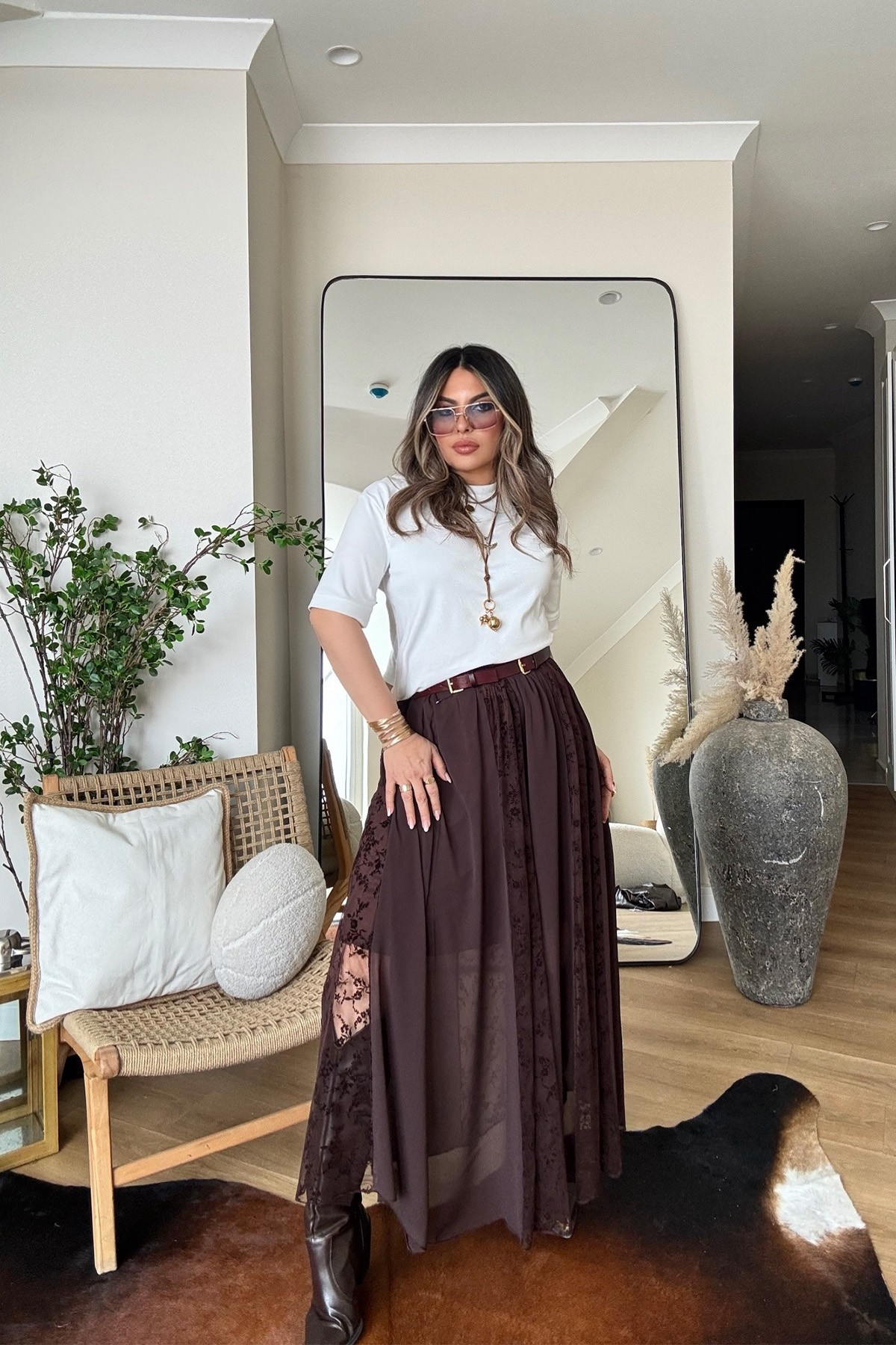 Şifon Çiçek Kabartmalı Kloş Etek Kahve