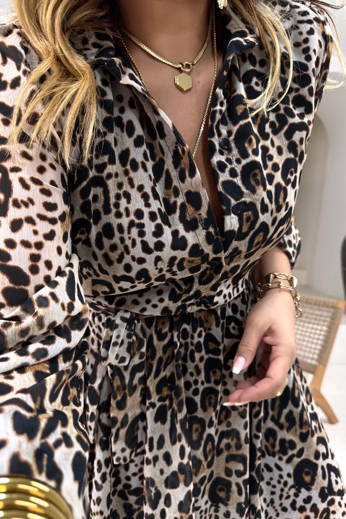 Şifon Kuşaklı Leopar Desen Gömlek Elbise Leopar