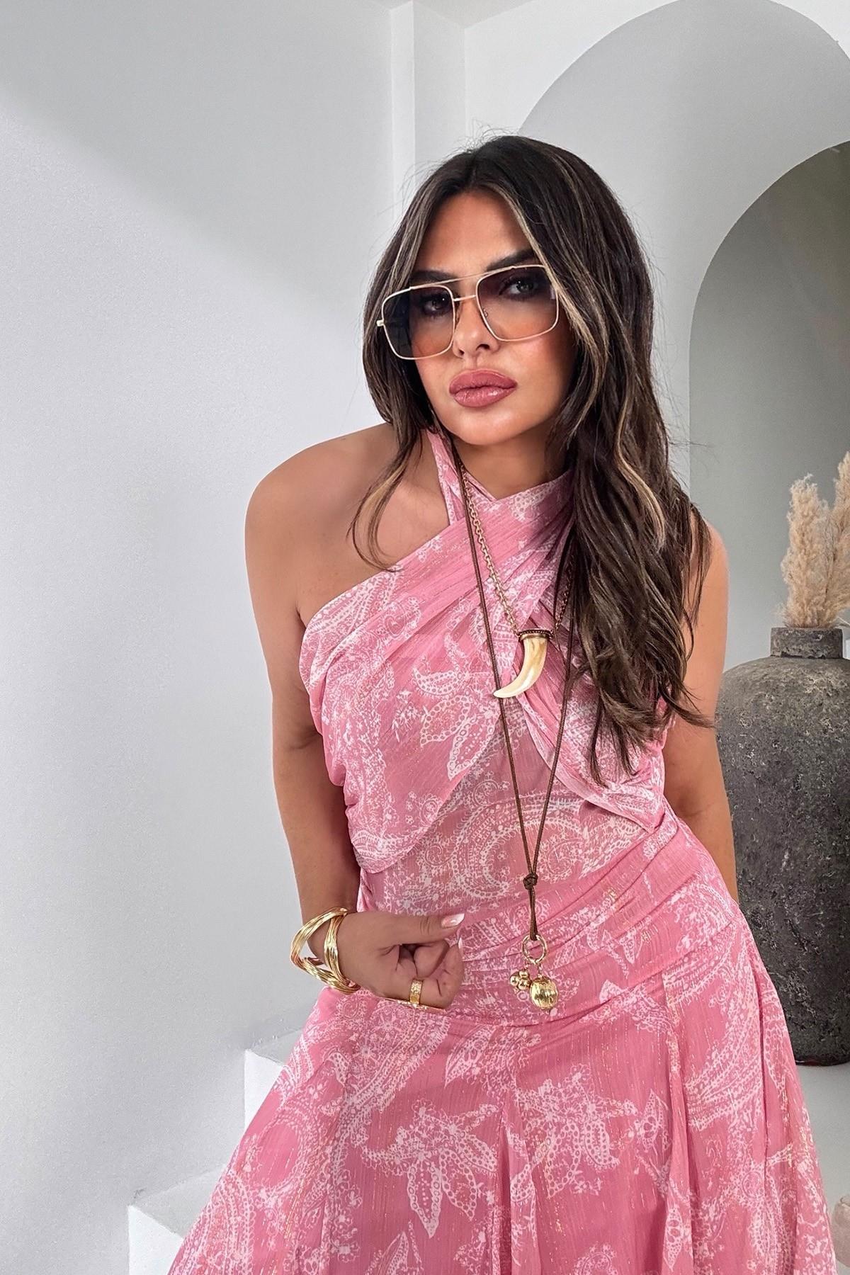 Şifon Simli Yansımalı Bluz Pembe