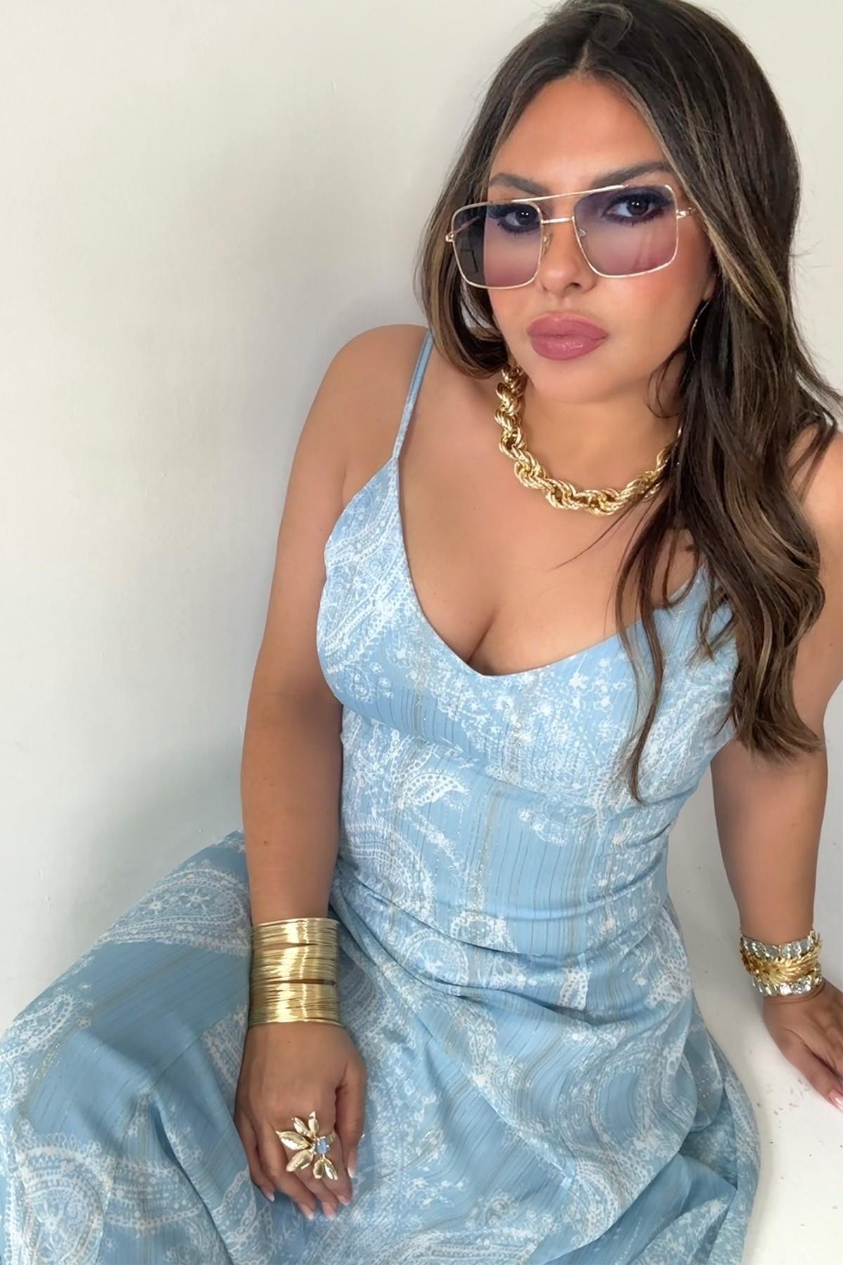 Şifon Simli Yansımalı Elbise Bebe Mavi
