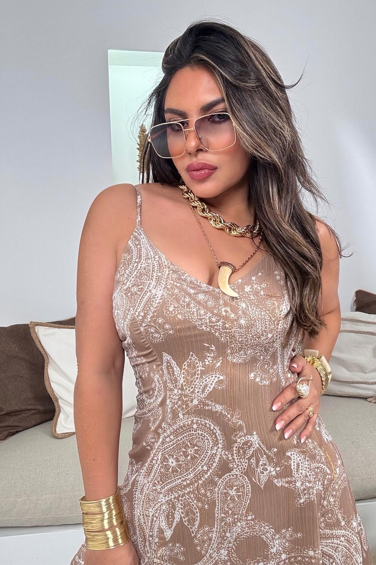 Şifon Simli Yansımalı Elbise Bej
