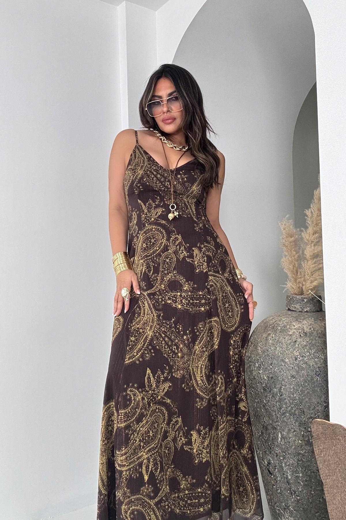 Şifon Simli Yansımalı Elbise Kahve