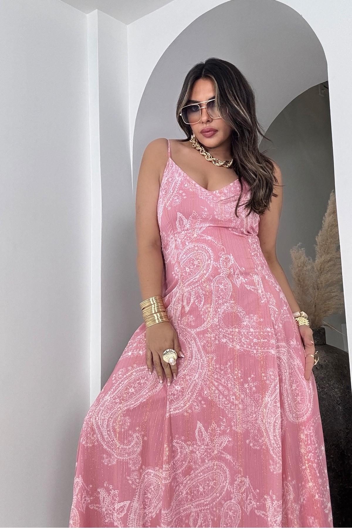 Şifon Simli Yansımalı Elbise Pembe