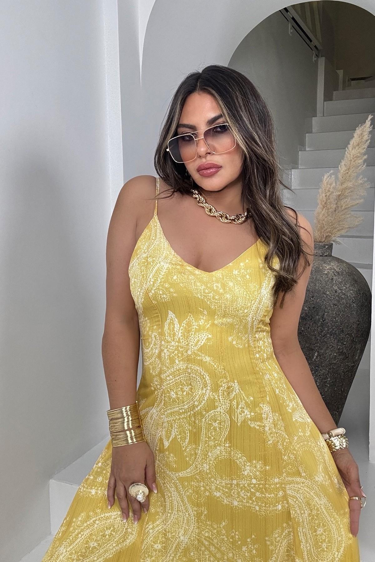 Şifon Simli Yansımalı Elbise Sarı