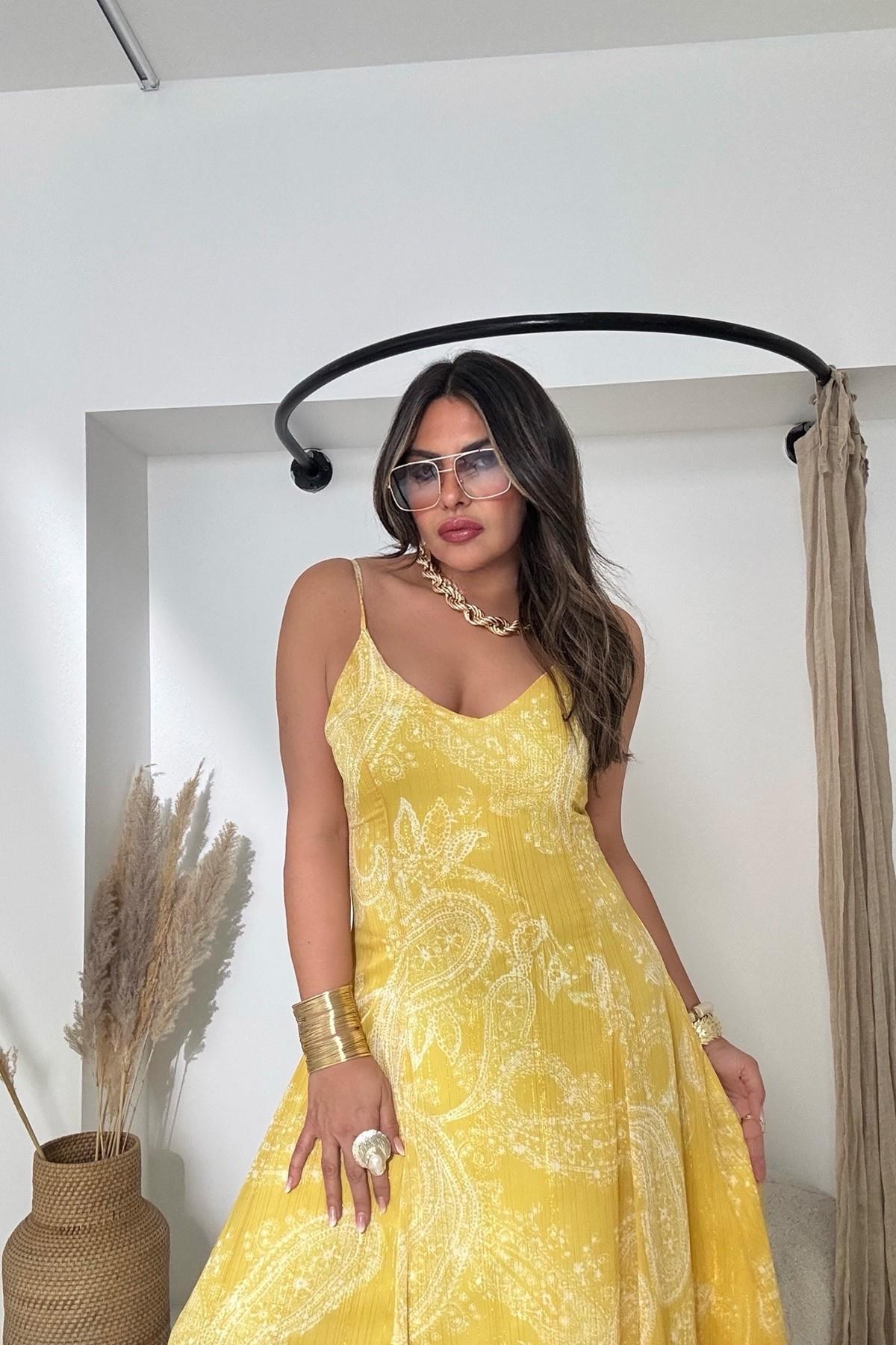 Şifon Simli Yansımalı Elbise Sarı